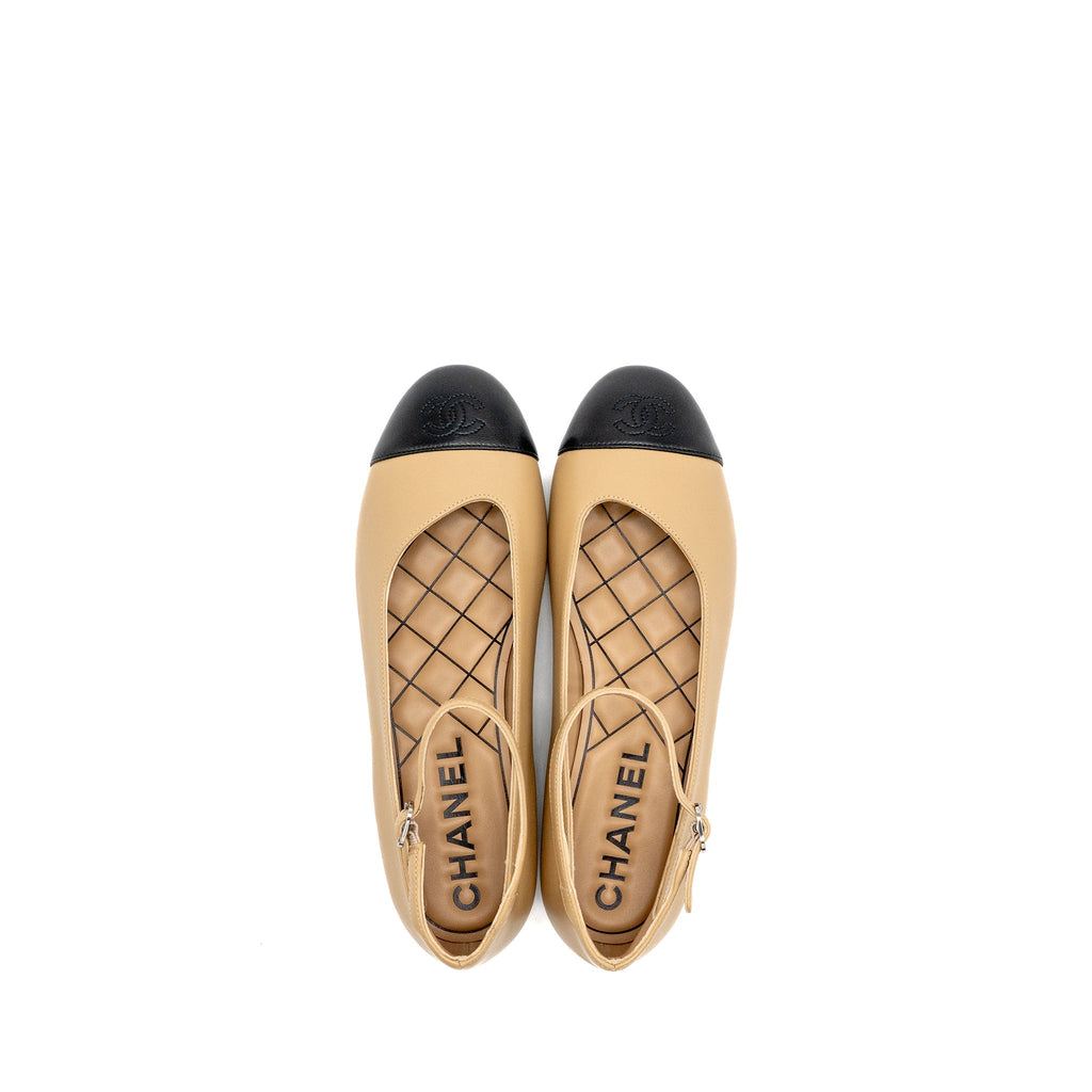 CHANEL MARY JANES BALLET FLATS LAMBSKIN BEIGE/BLACK