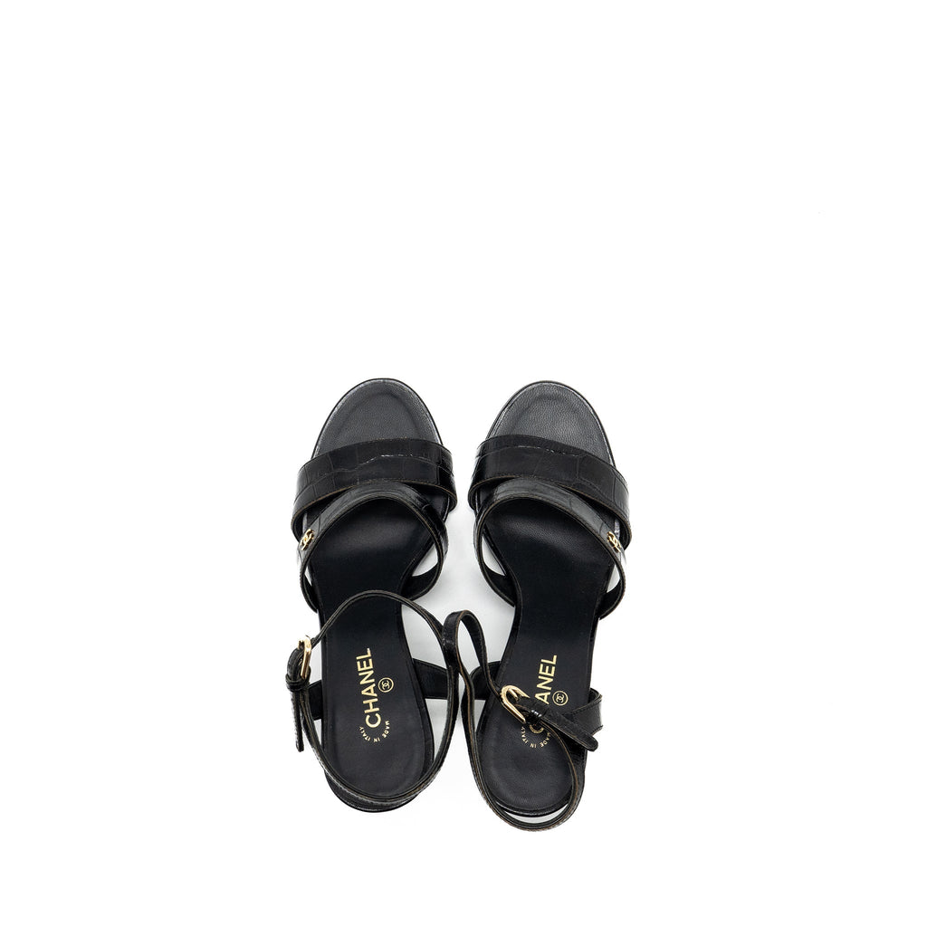 CHANEL CC SANDALS MATTE CROCODILE-EMBOSSED CALFSKIN BLACK GHW