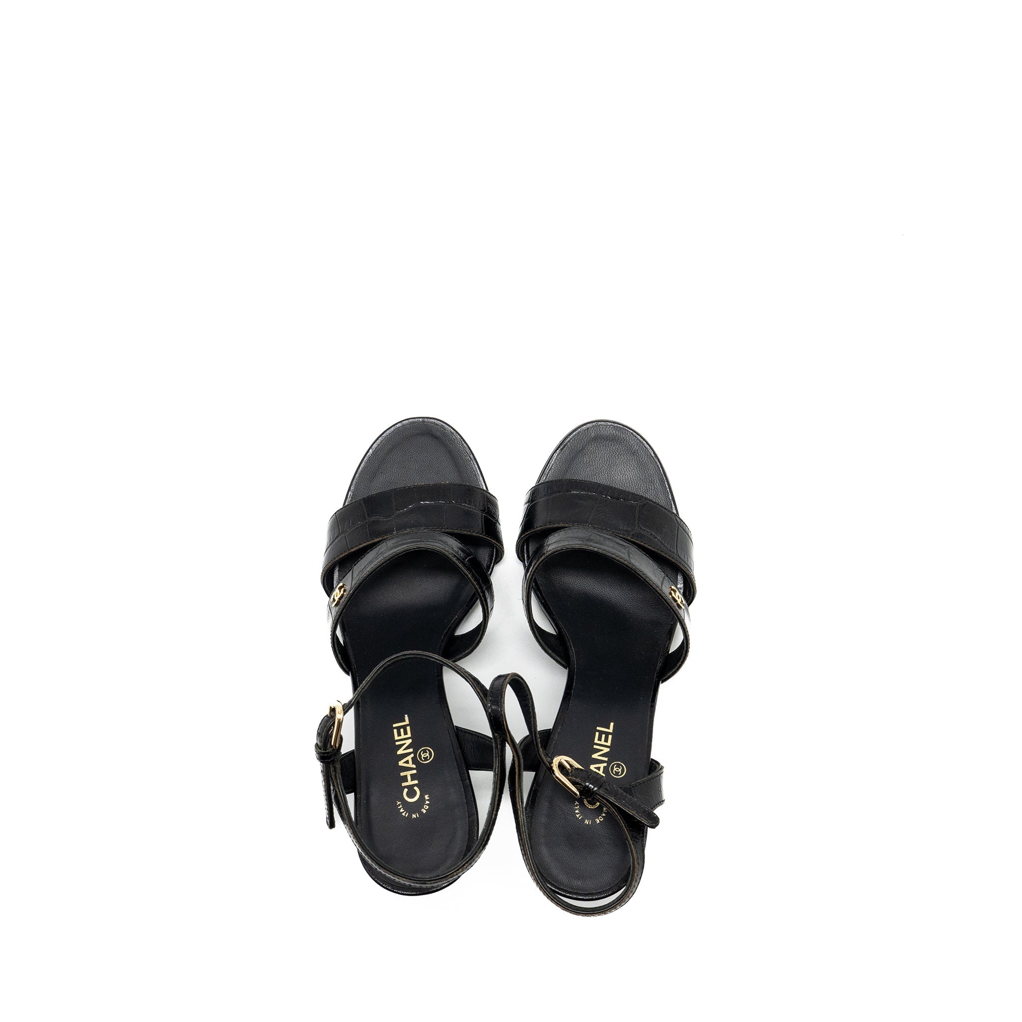 CHANEL CC SANDALS MATTE CROCODILE-EMBOSSED CALFSKIN BLACK GHW