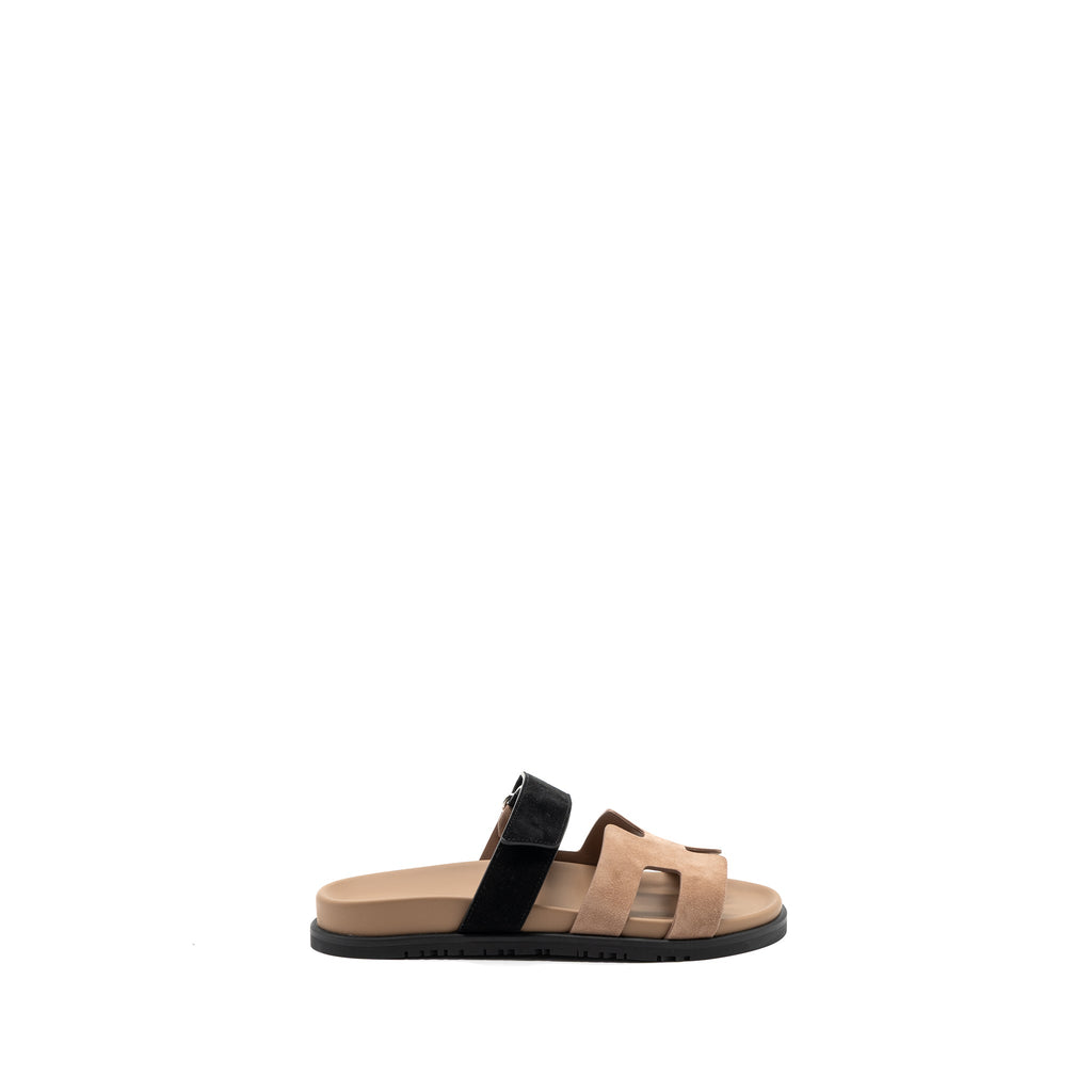 HERMES CHYPRE SANDAL SUEDE LEATHER ROSE PERLE / BLACK