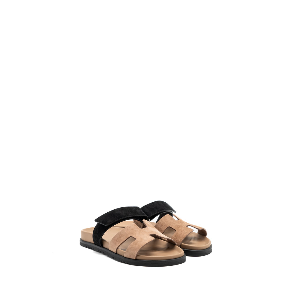 HERMES CHYPRE SANDAL SUEDE LEATHER ROSE PERLE / BLACK
