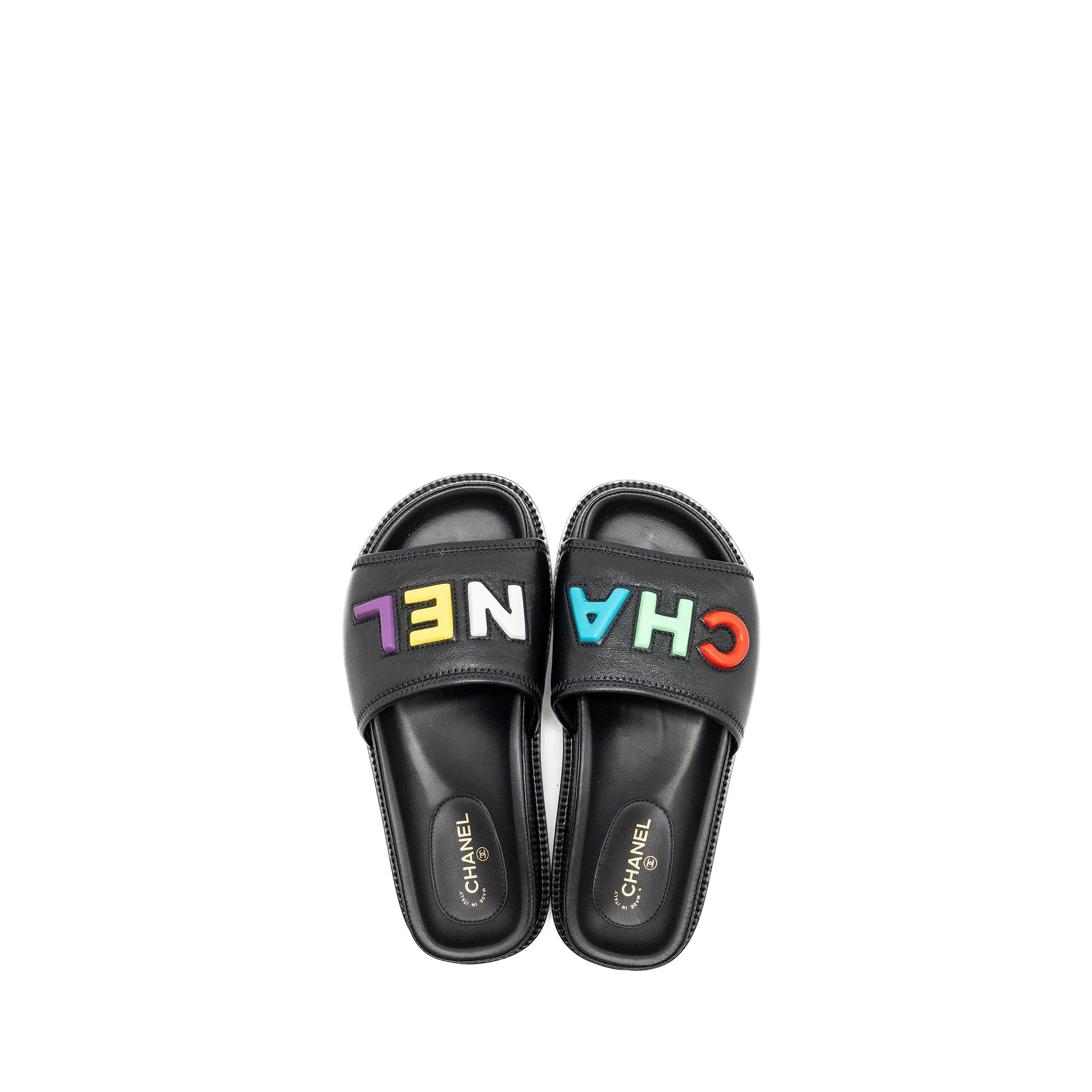 CHANEL LOGO LETTERS SANDALS/MULES LAMBSKIN BLACK/ MULTICOLOUR