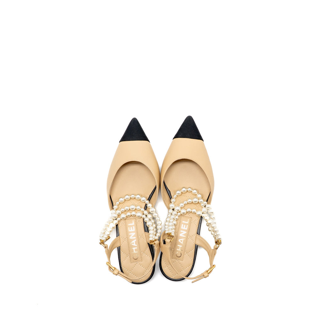 CHANEL SLINGBACK WITH PEARL STRAPS BEIGE/ BLACK