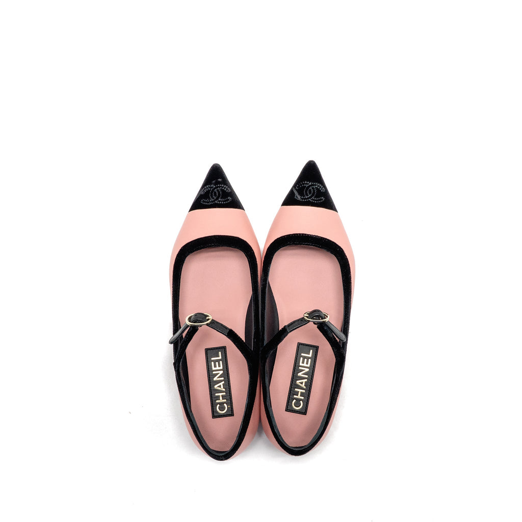 CHANEL MARY JANES LAMBSKIN/VELVET PINK/BLACK LGHW