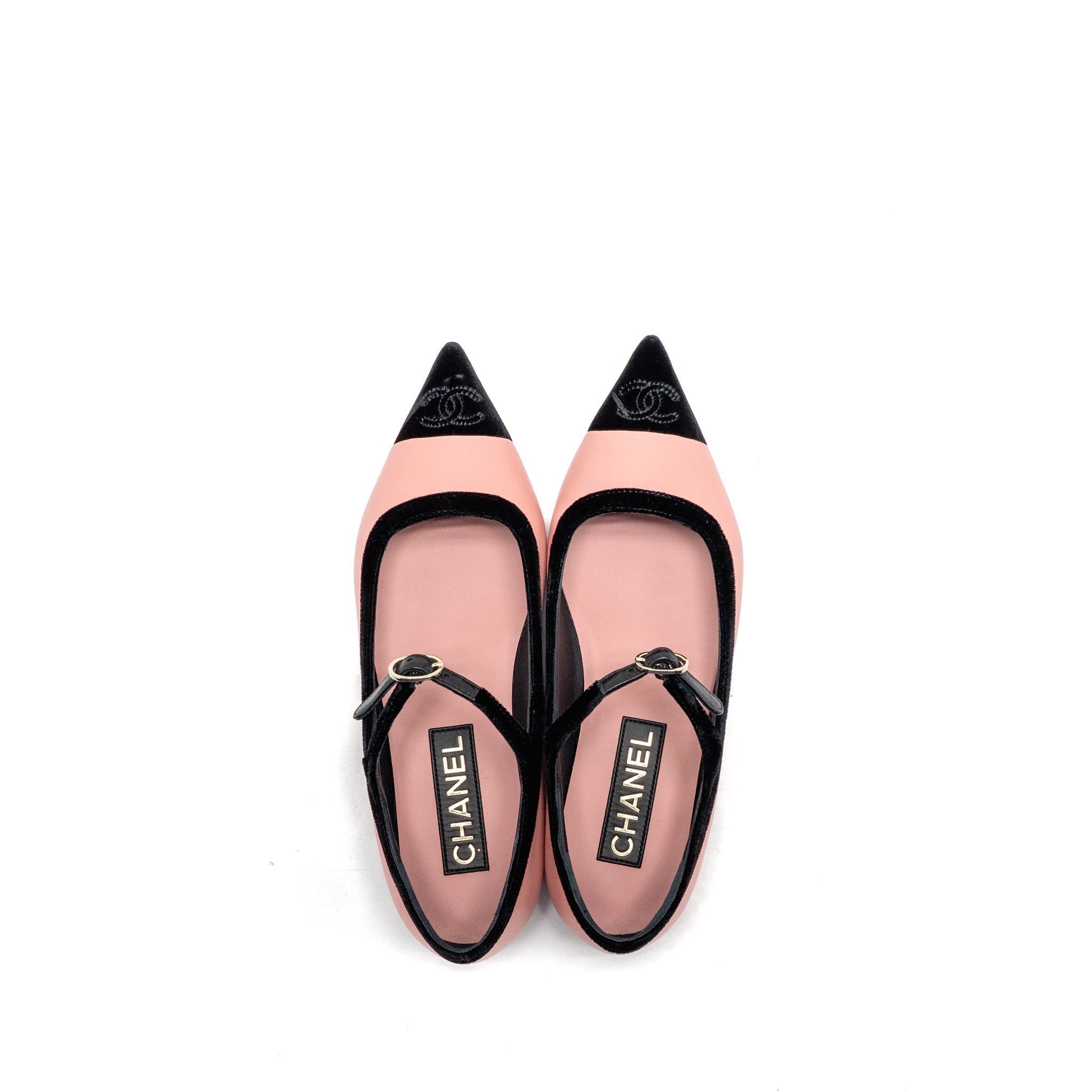 CHANEL MARY JANES LAMBSKIN/VELVET PINK/BLACK LGHW