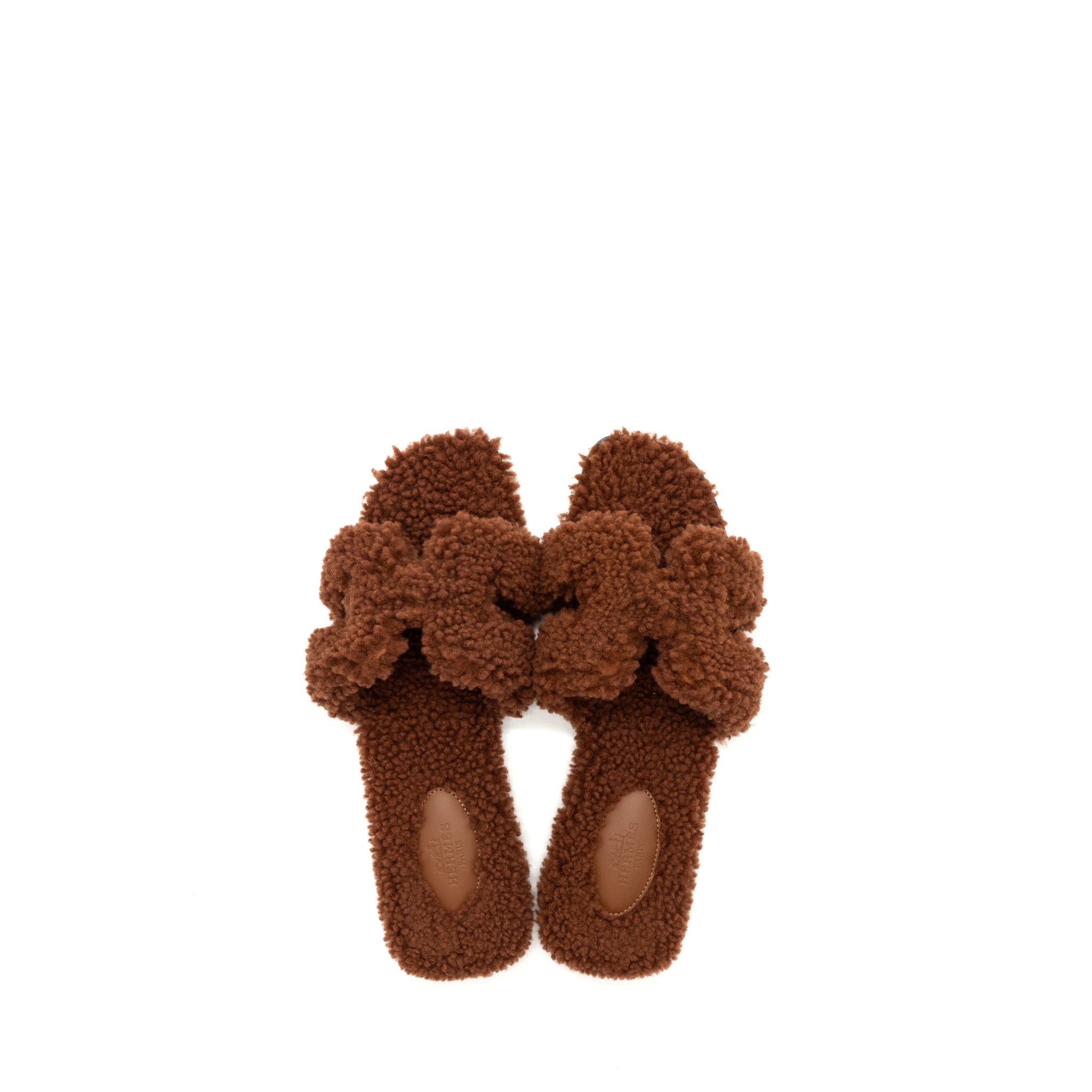 HERMES ORAN SANDAL SHEARLING DARK BROWN