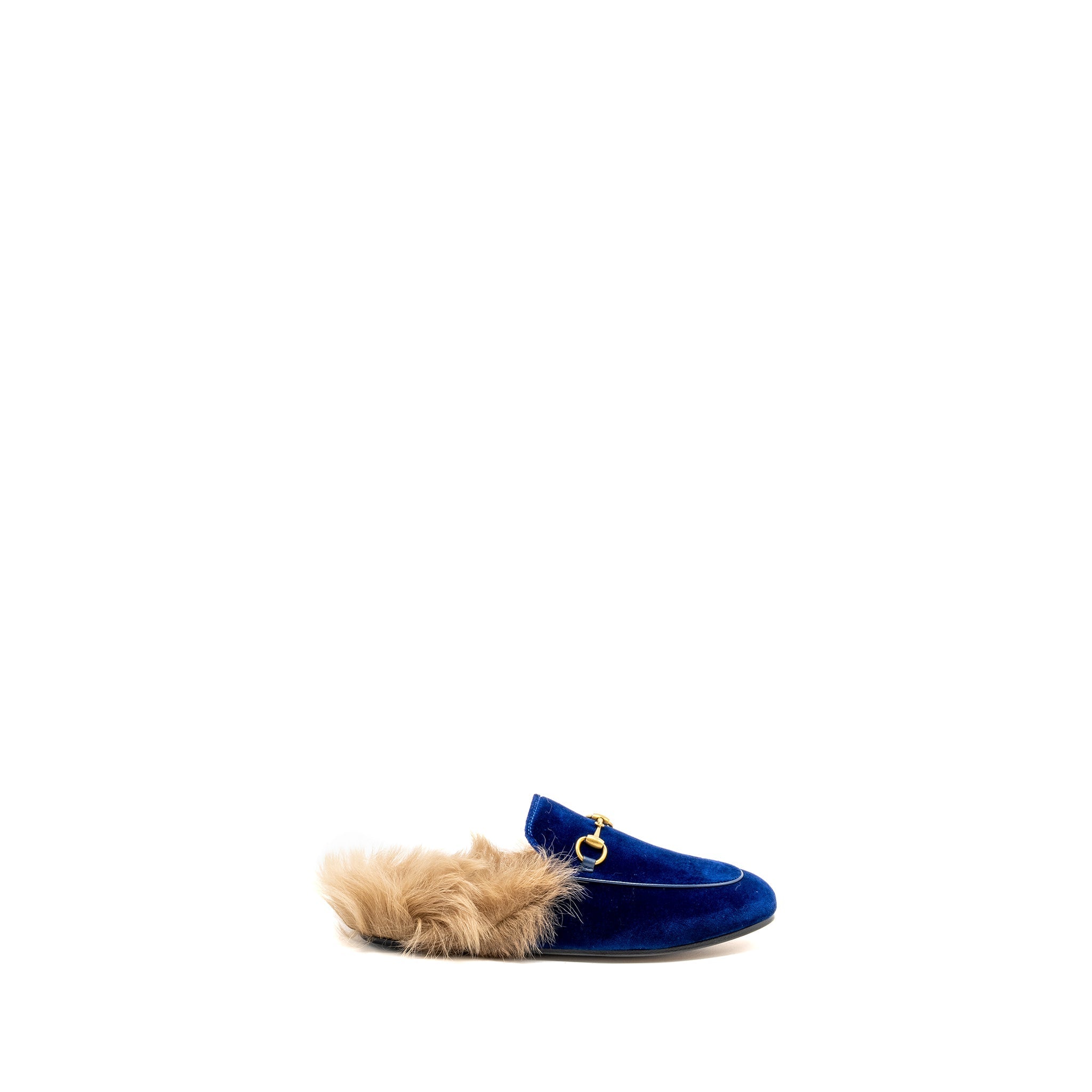 GUCCI HORSEBIT PRINCETOWN FUR SLIPPER VELVET BLUE GHW