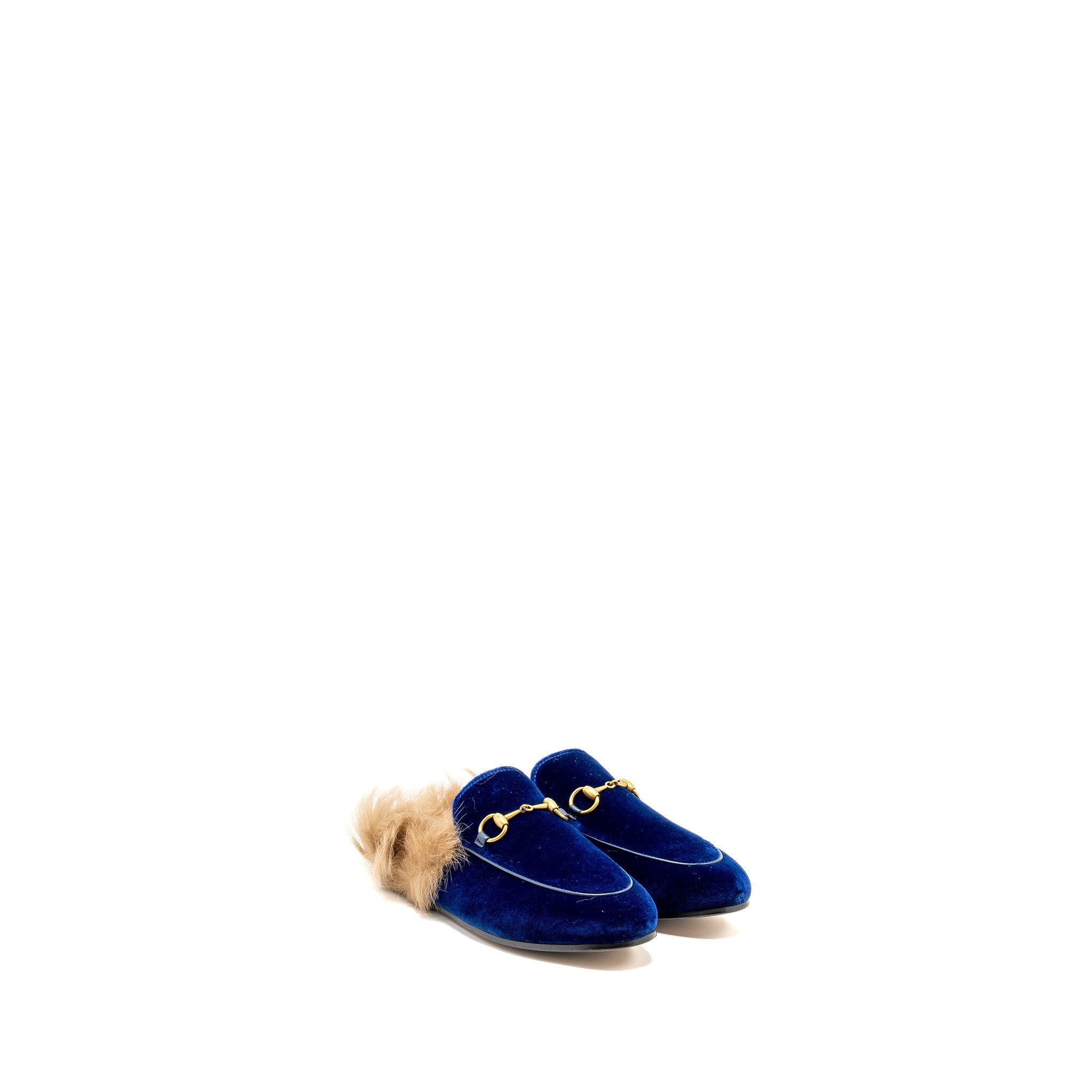 GUCCI HORSEBIT PRINCETOWN FUR SLIPPER VELVET BLUE GHW