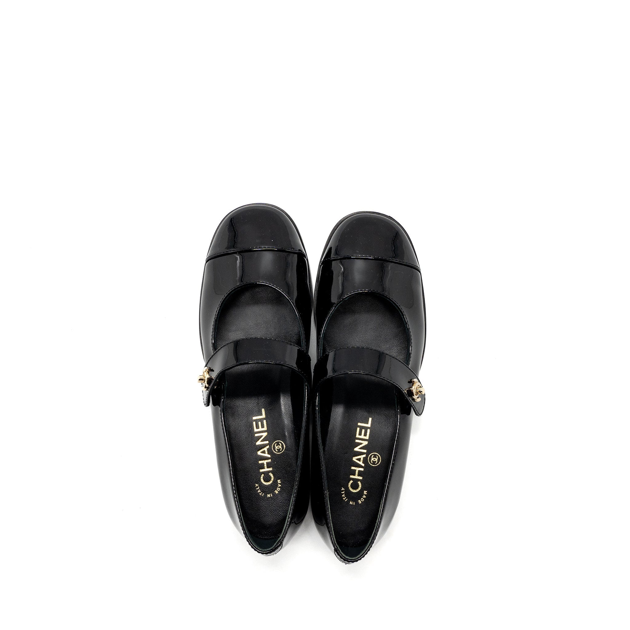 CHANEL MARY JANES PATENT CALFSKIN BLACK LGHW