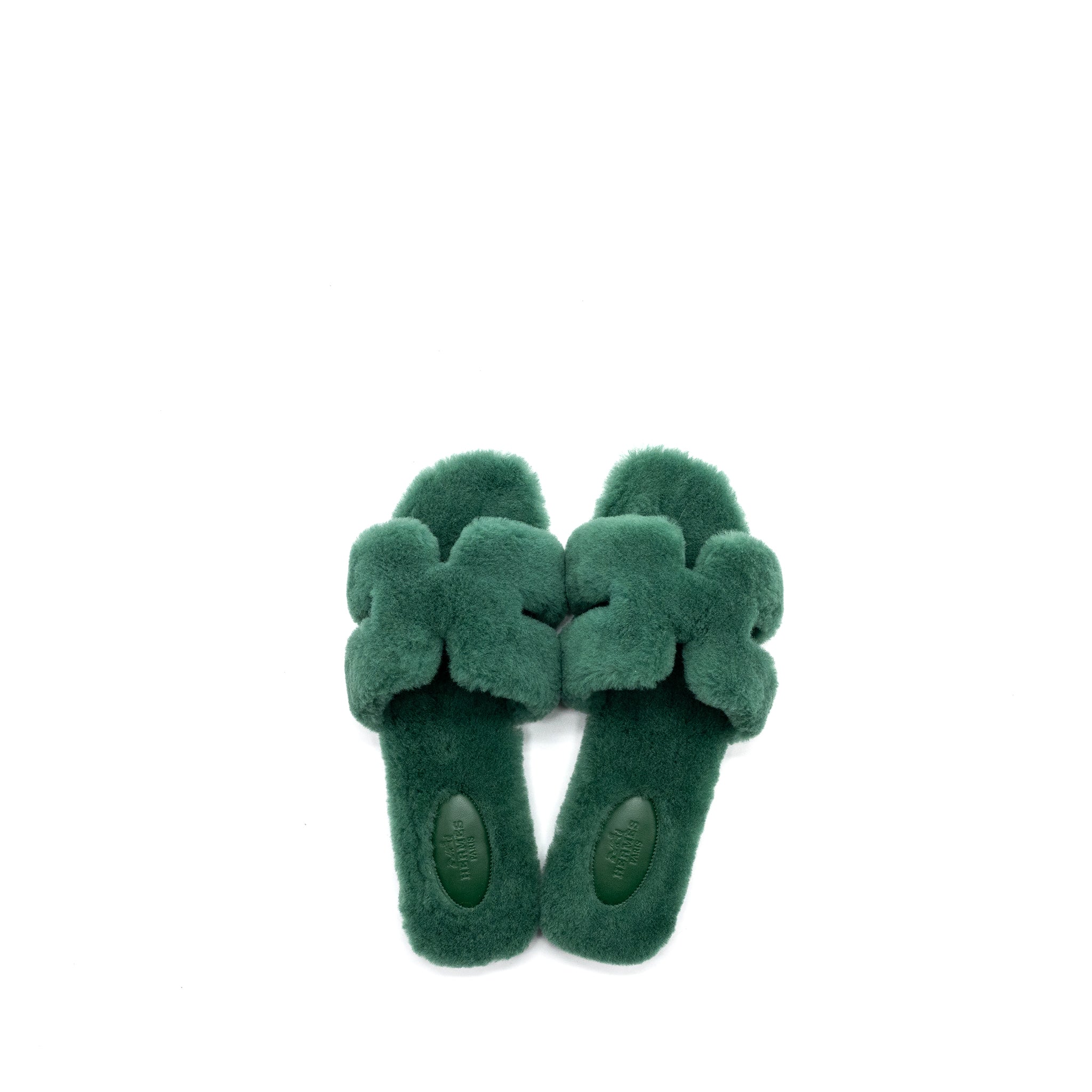 HERMES ORAN SANDAL SHEARLING VERT ANGLAIS