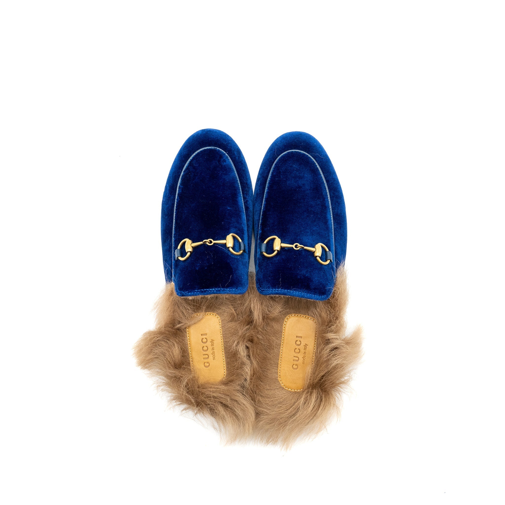 GUCCI HORSEBIT PRINCETOWN FUR SLIPPER VELVET BLUE GHW
