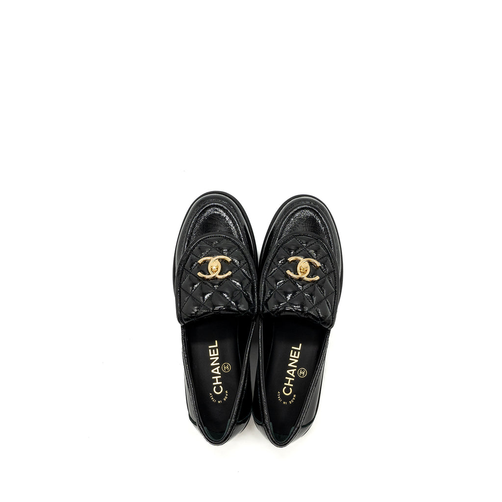 CHANEL QUILTED CC LOGO LOAFER PATENT LAMBSKIN BLACK LGHW