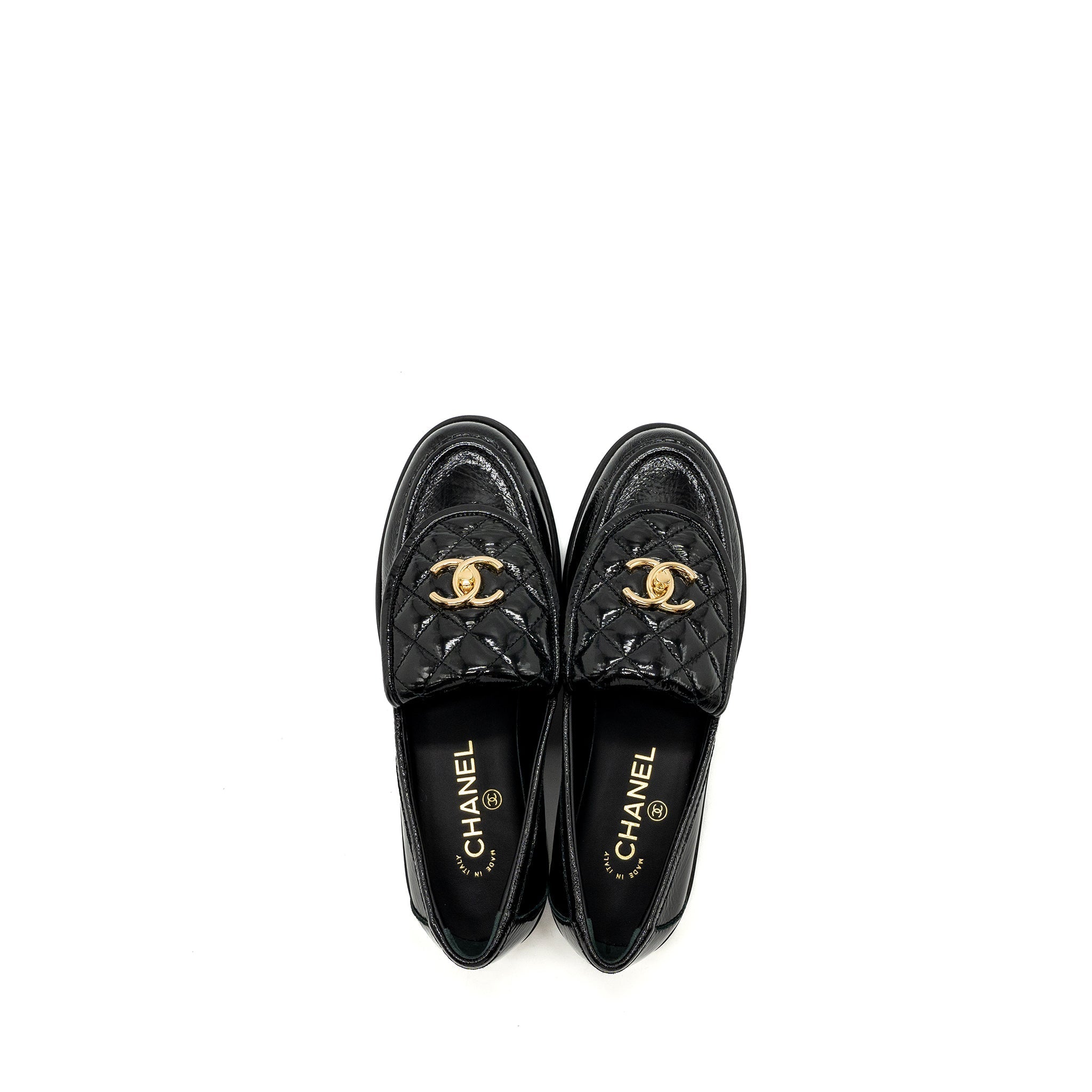 CHANEL QUILTED CC LOGO LOAFER PATENT LAMBSKIN BLACK LGHW
