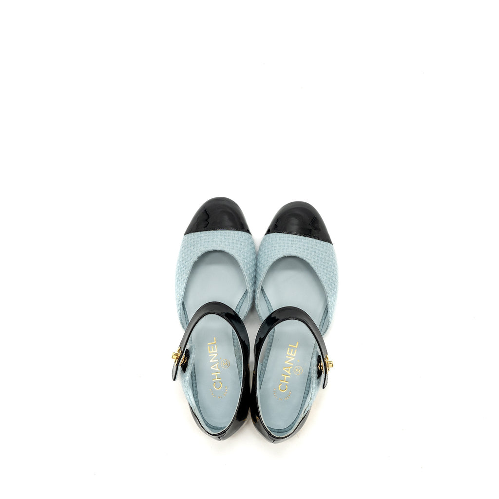 CHANEL 21K BALLERINAS FLAT SHOES TWEED/PATENT CALFSKIN LIGHT BLUE/ BLACK GHW