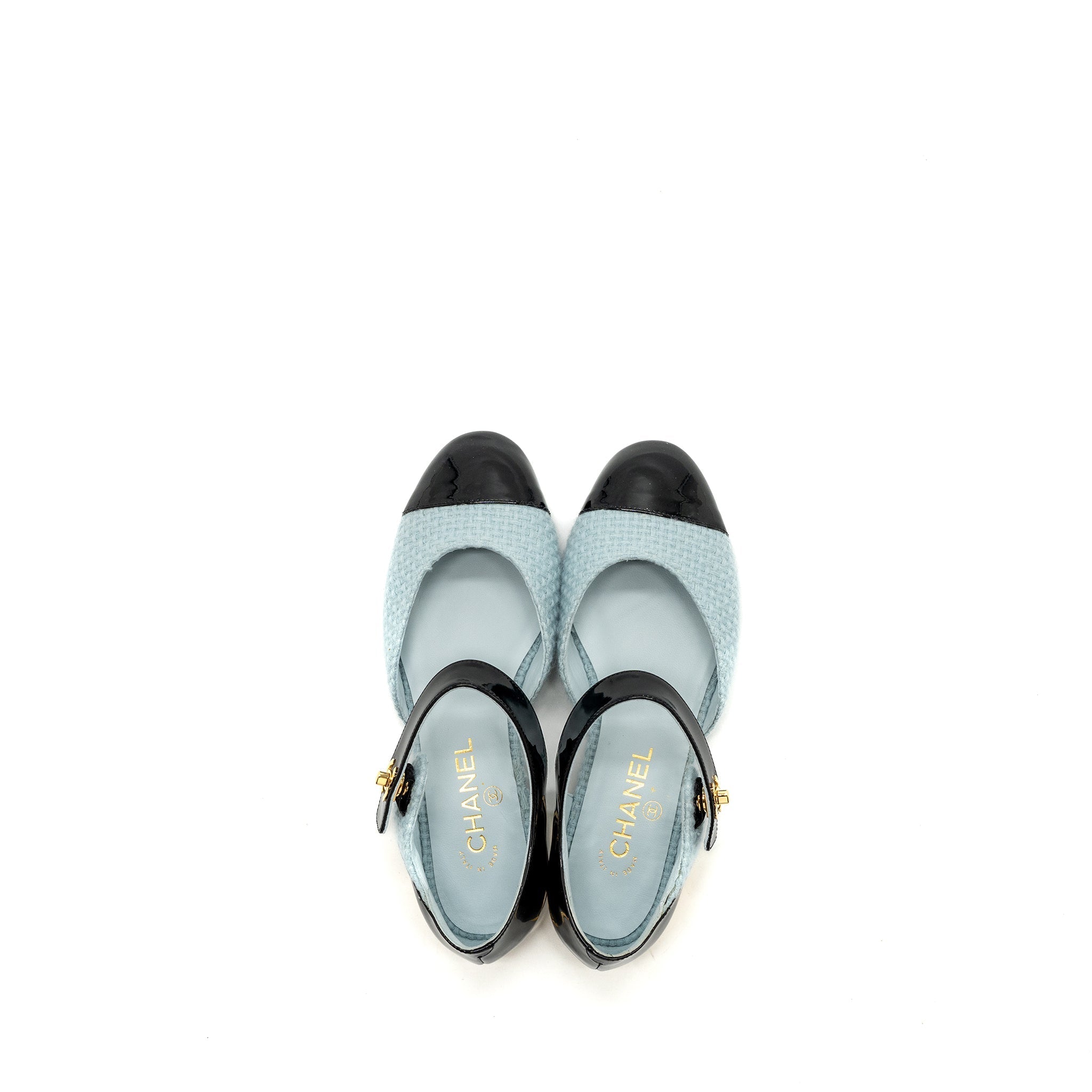 CHANEL 21K BALLERINAS FLAT SHOES TWEED/PATENT CALFSKIN LIGHT BLUE/ BLACK GHW