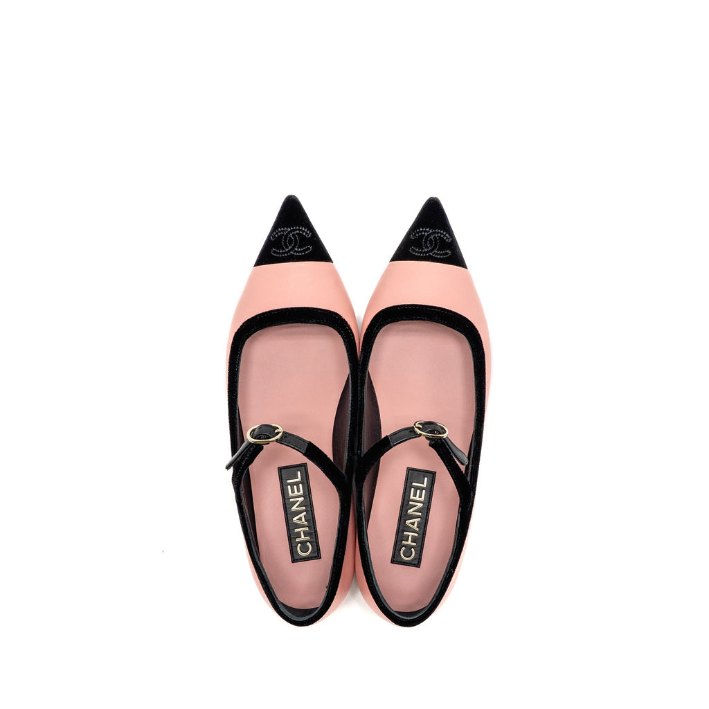 CHANEL MARY JANES LAMBSKIN/VELVET PINK/BLACK LGHW