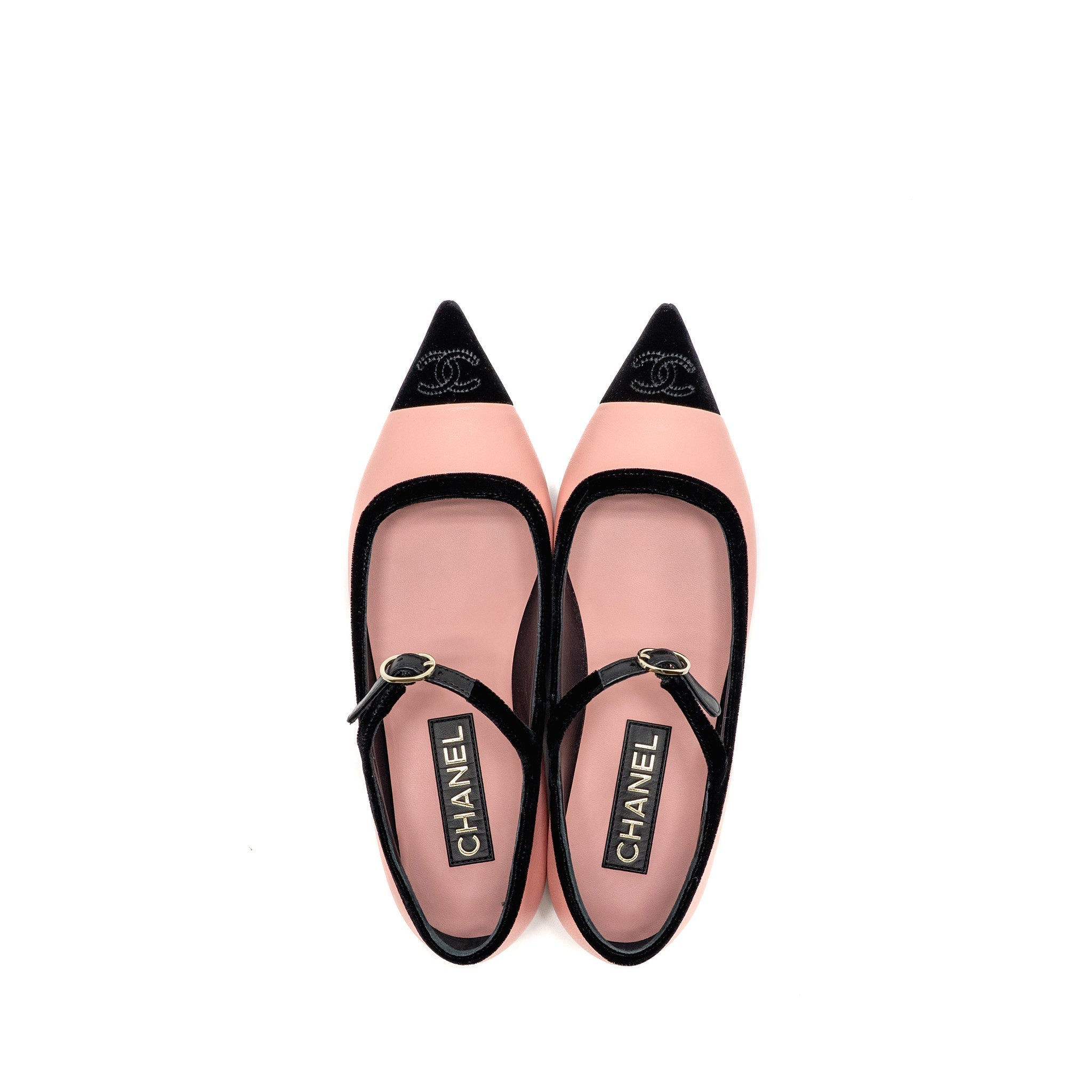 CHANEL MARY JANES LAMBSKIN/VELVET PINK/BLACK LGHW