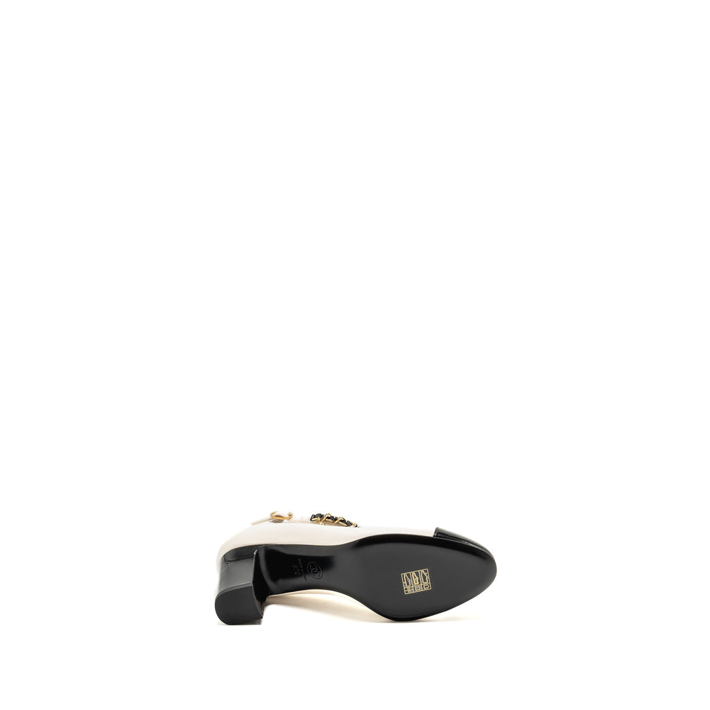 CHANEL C MARY JANES HEEL PUMPS LAMBSKIN / PATENT LEATHER WHITE/ BLACK