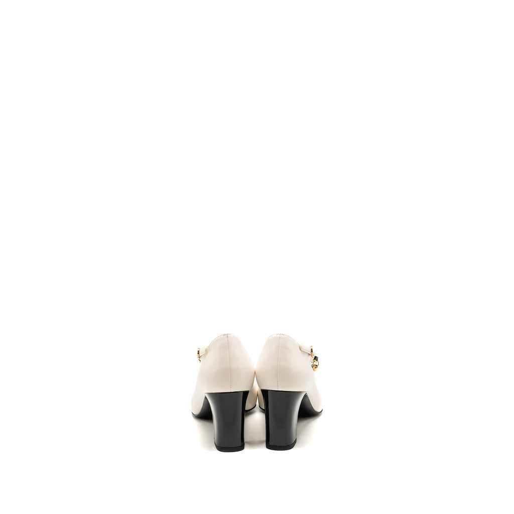 CHANEL C MARY JANES HEEL PUMPS LAMBSKIN / PATENT LEATHER WHITE/ BLACK