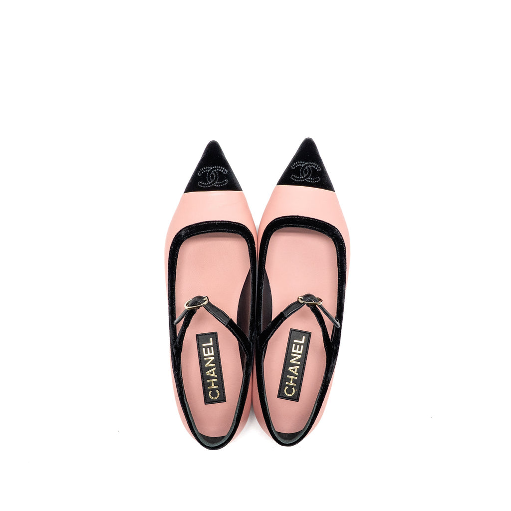CHANEL MARY JANES LAMBSKIN/VELVET PINK/BLACK LGHW