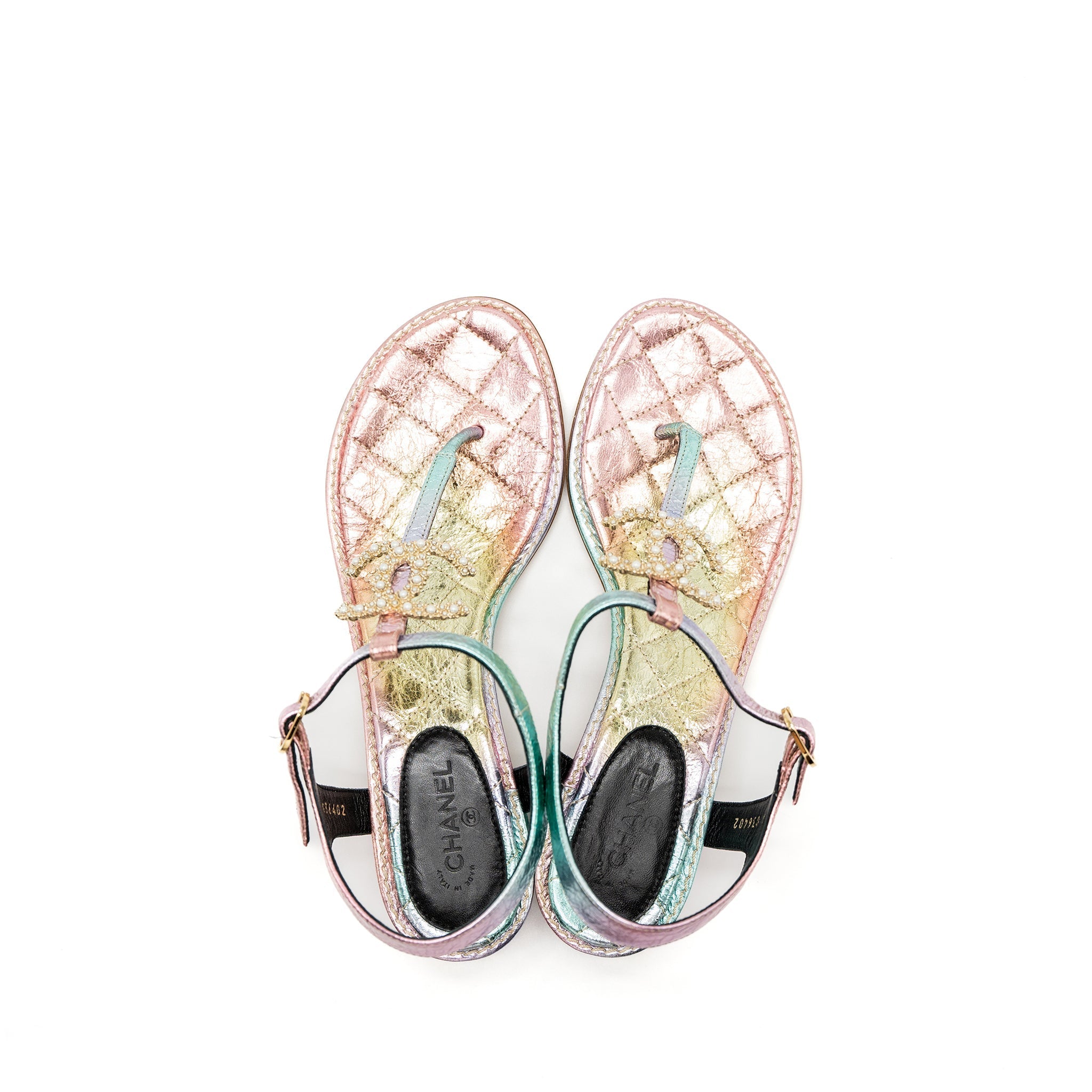 CHANEL DETAILED CC LOGO LEATHER IRIDESCENT MULTICOLOUR SANDALS