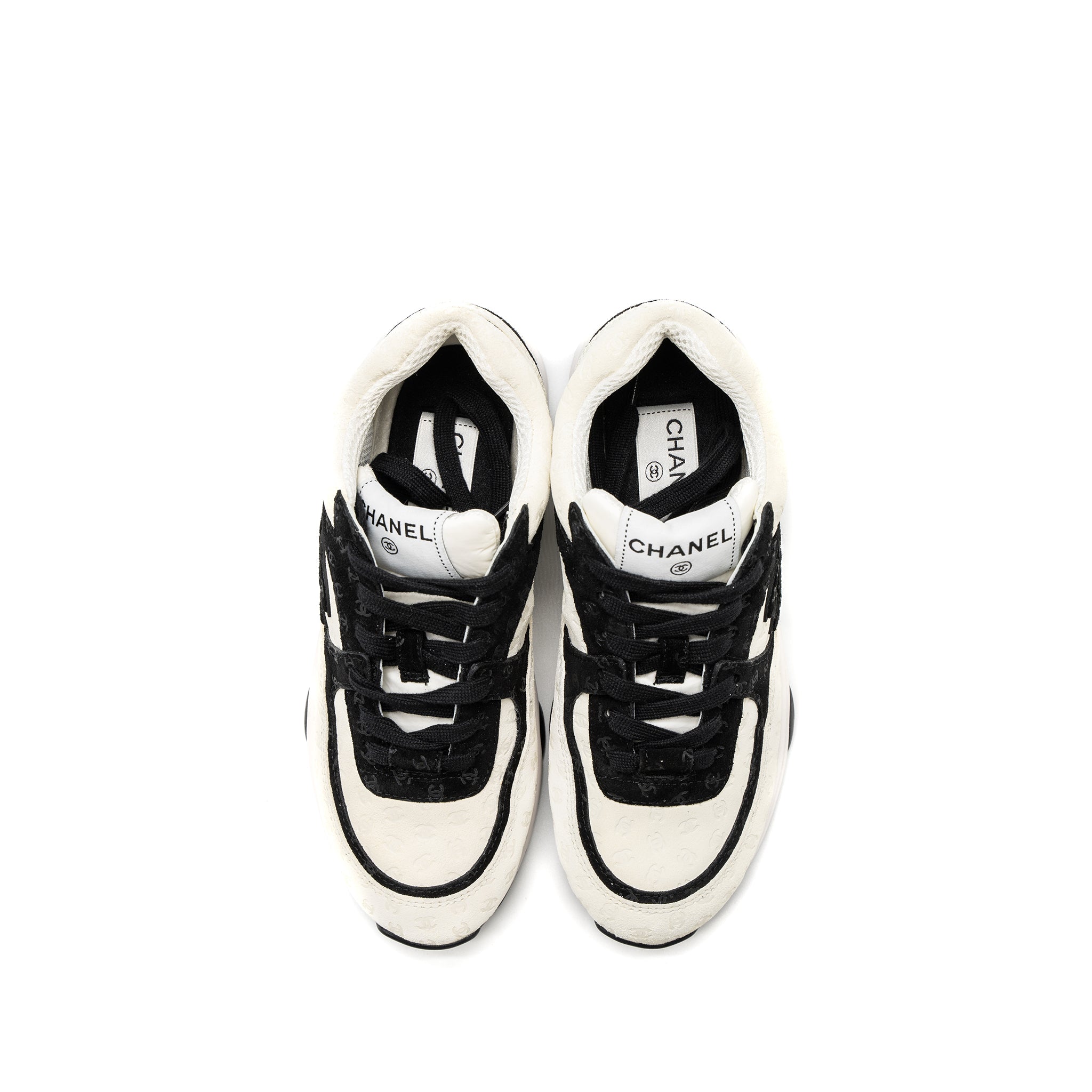 CHANEL 22A TRAINERS PRINTED SUEDE/CALFSKIN BLACK/WHITE