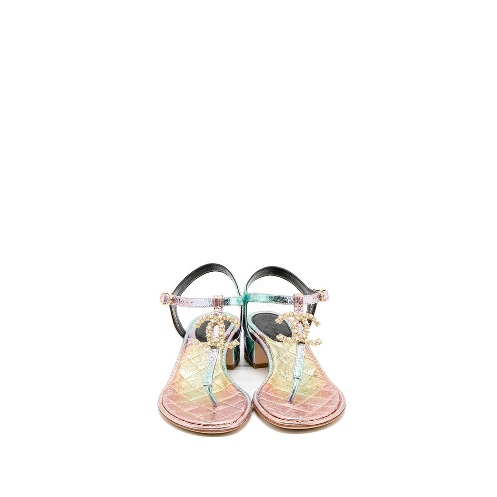CHANEL DETAILED CC LOGO LEATHER IRIDESCENT MULTICOLOUR SANDALS