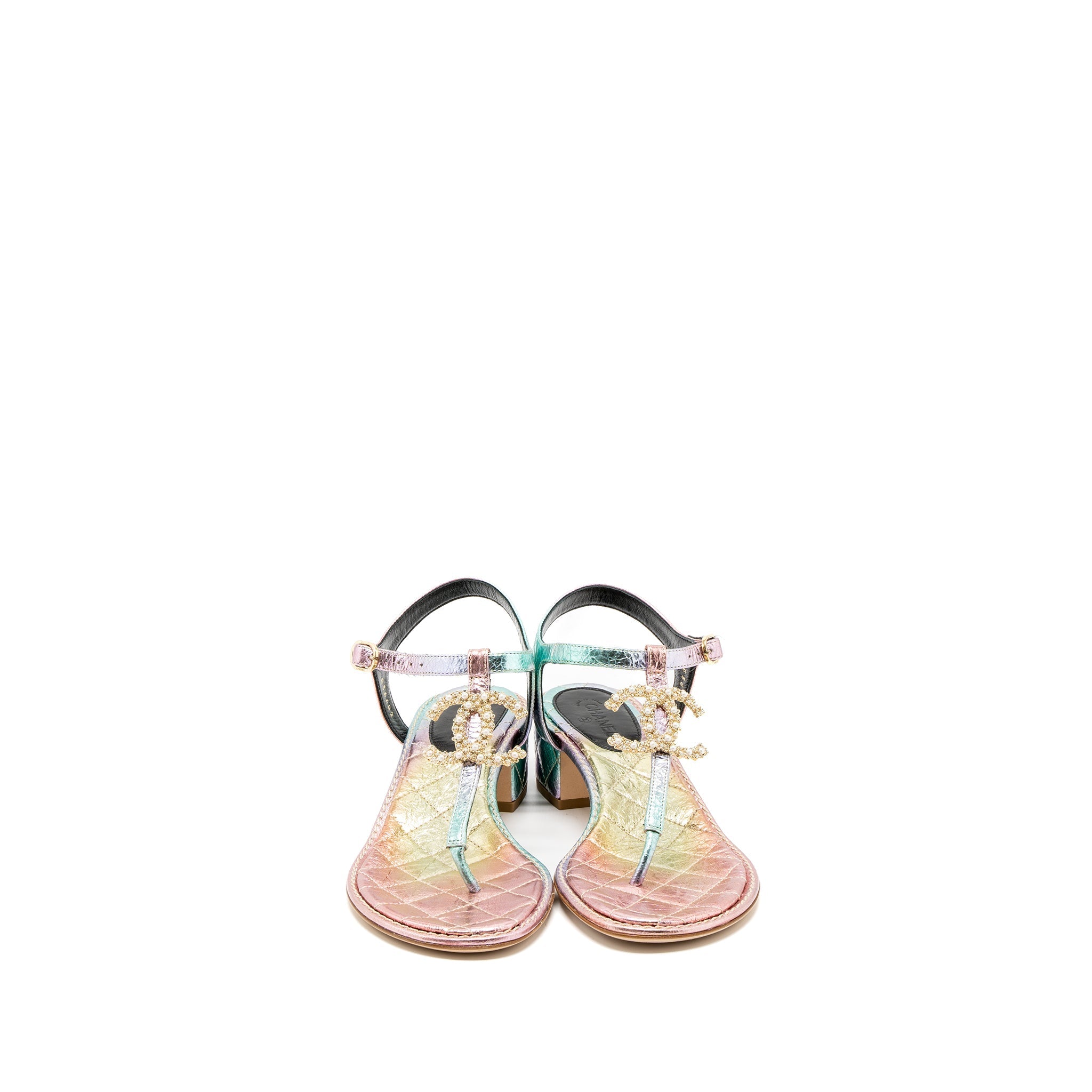 CHANEL DETAILED CC LOGO LEATHER IRIDESCENT MULTICOLOUR SANDALS