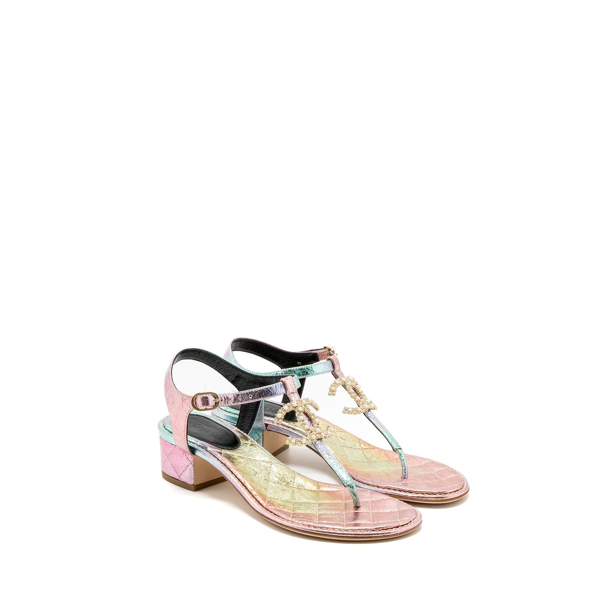 CHANEL DETAILED CC LOGO LEATHER IRIDESCENT MULTICOLOUR SANDALS