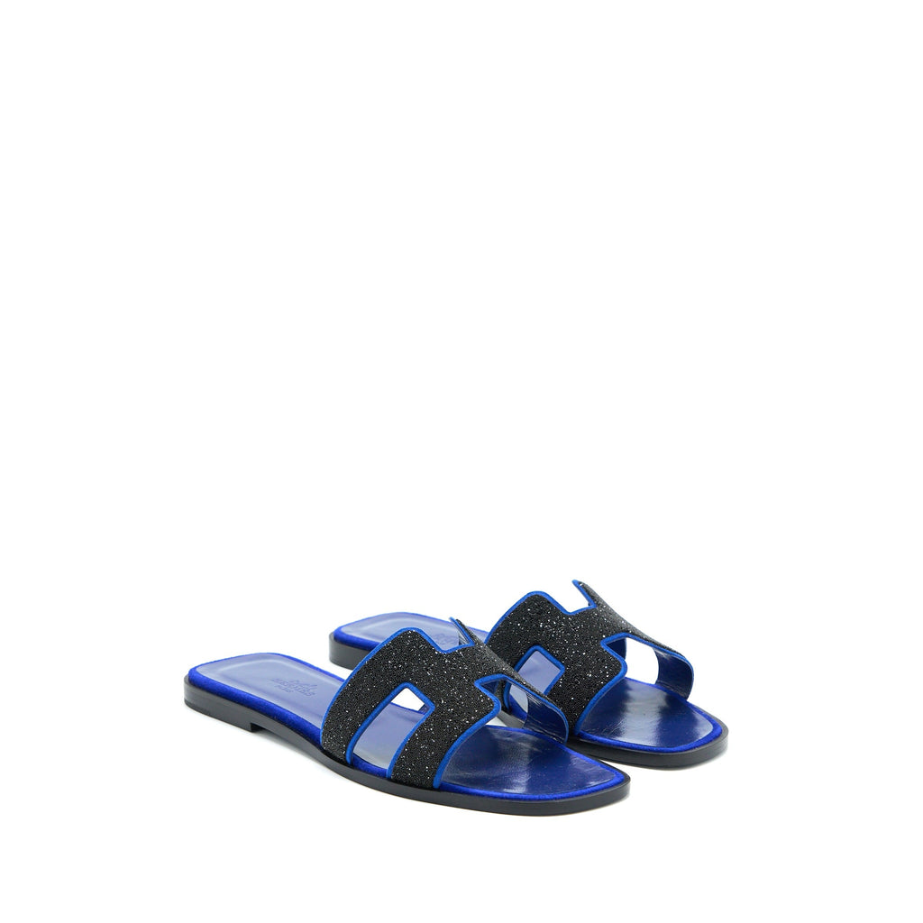 HERMES ORAN SANDAL CRYSTAL/CHEVRE VELOURS BLACK/BLUE SAPHIR