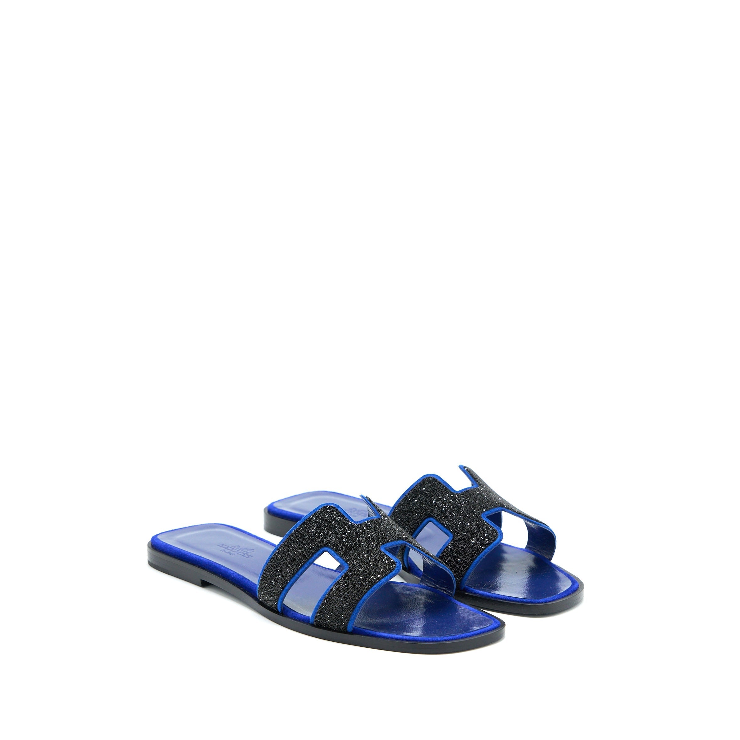 HERMES ORAN SANDAL CRYSTAL/CHEVRE VELOURS BLACK/BLUE SAPHIR