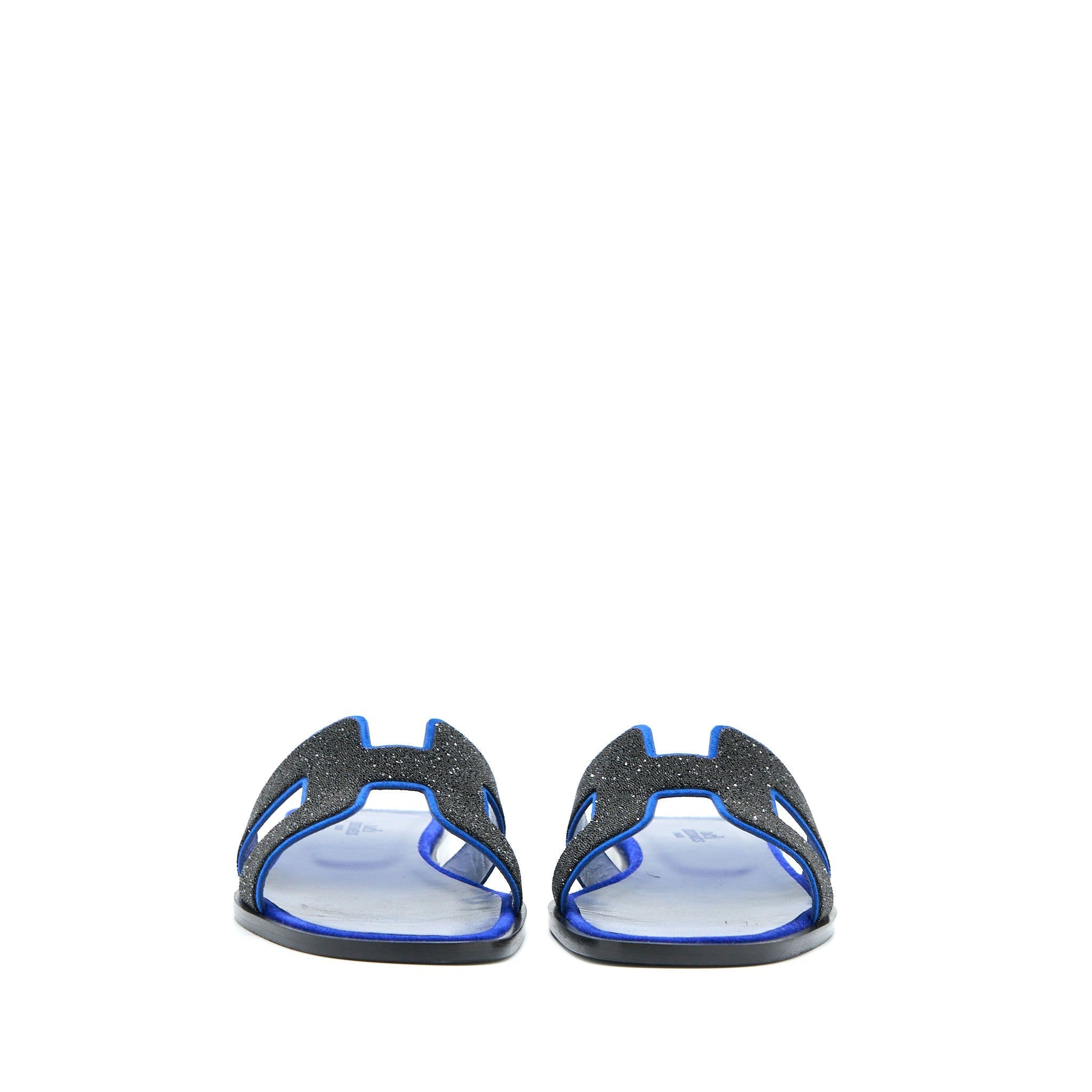 HERMES ORAN SANDAL CRYSTAL/CHEVRE VELOURS BLACK/BLUE SAPHIR
