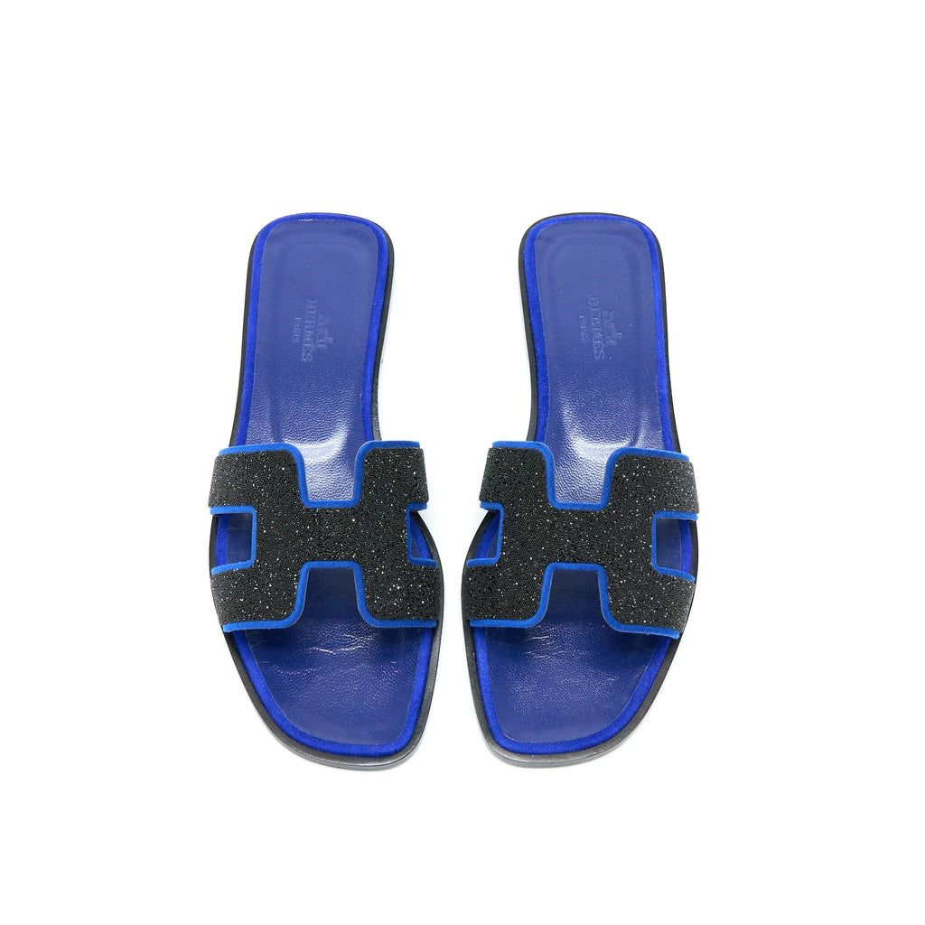 HERMES ORAN SANDAL CRYSTAL/CHEVRE VELOURS BLACK/BLUE SAPHIR