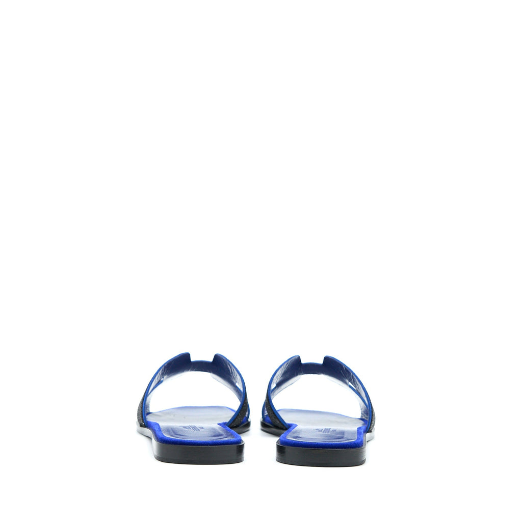 HERMES ORAN SANDAL CRYSTAL/CHEVRE VELOURS BLACK/BLUE SAPHIR