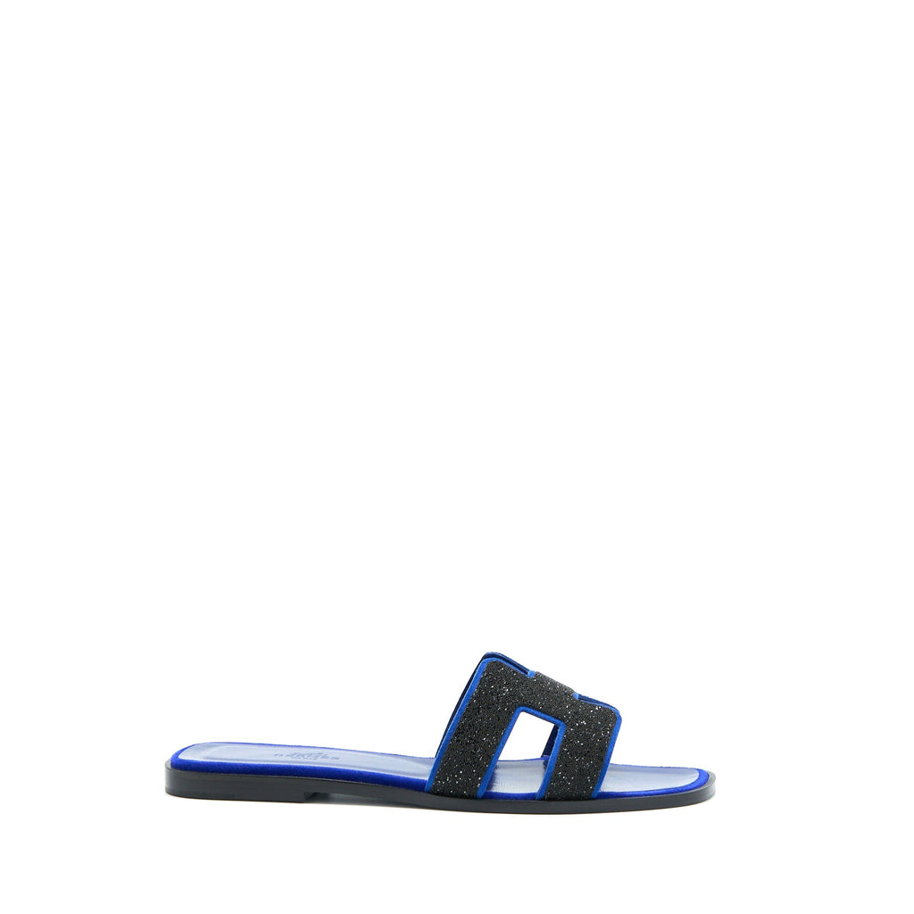 HERMES ORAN SANDAL CRYSTAL/CHEVRE VELOURS BLACK/BLUE SAPHIR
