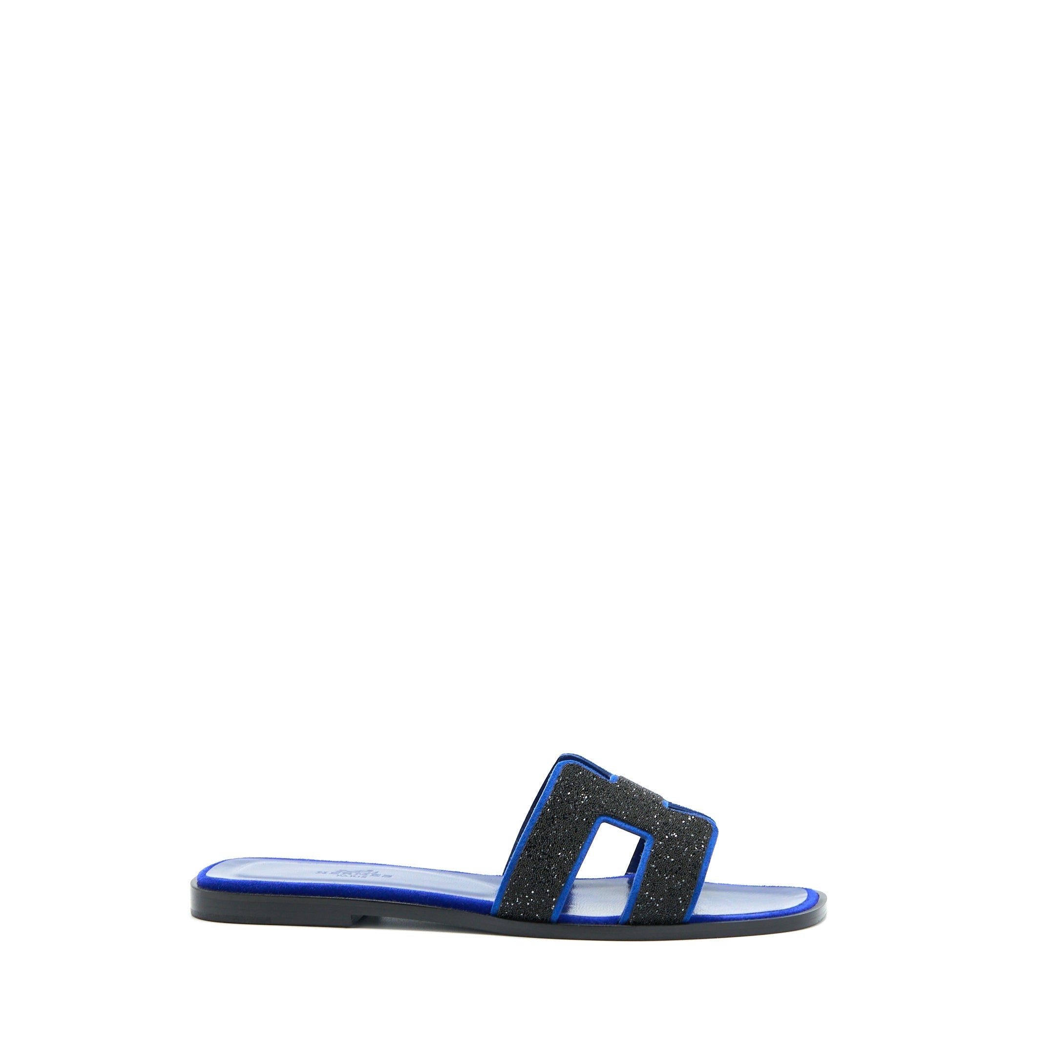HERMES ORAN SANDAL CRYSTAL/CHEVRE VELOURS BLACK/BLUE SAPHIR