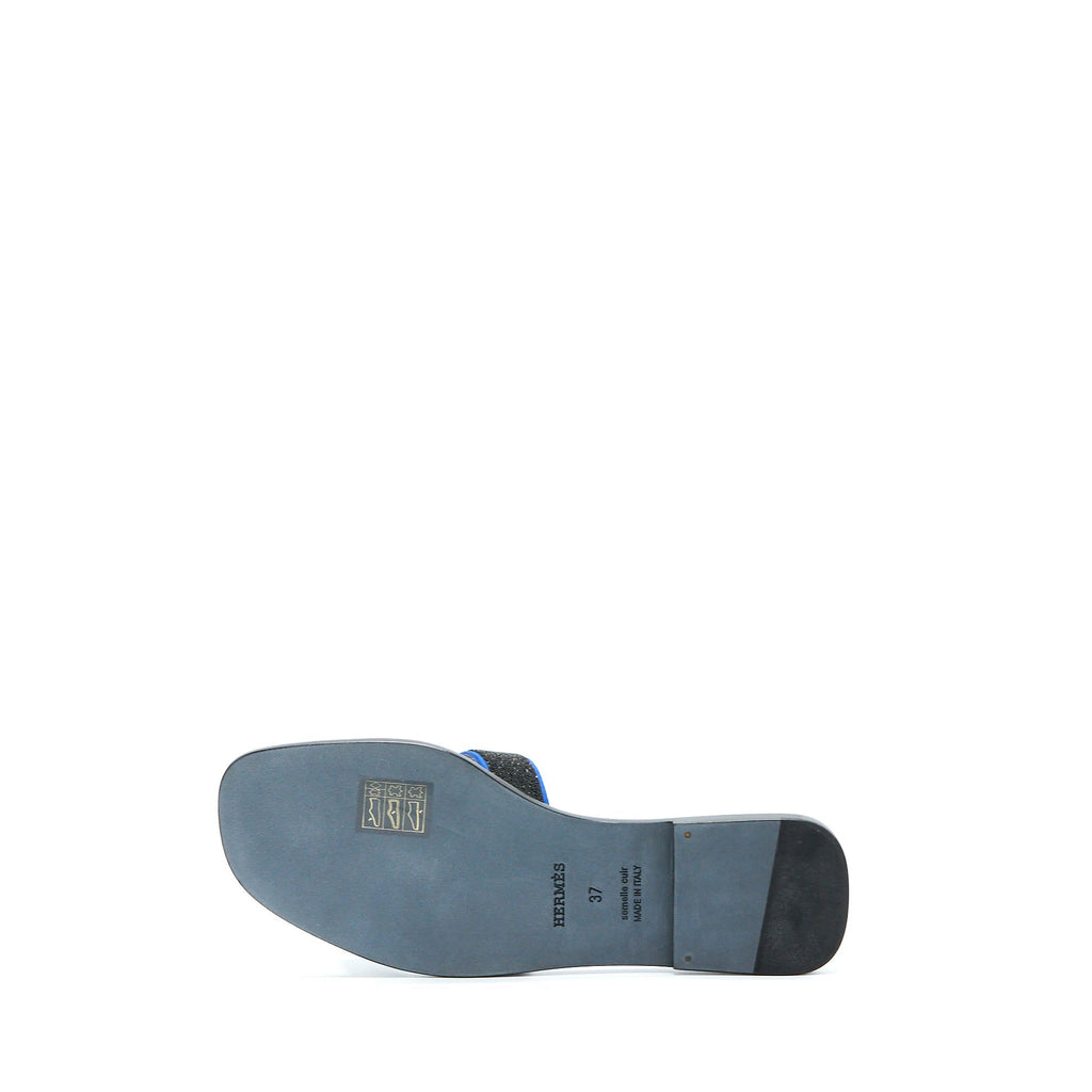 HERMES ORAN SANDAL CRYSTAL/CHEVRE VELOURS BLACK/BLUE SAPHIR