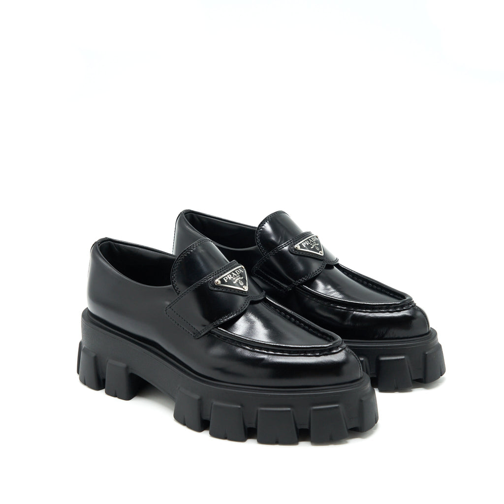 PRADA MONOLITH BRUSHED LEATHER POINTED LOAFERS BLACK