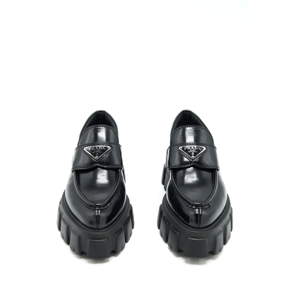PRADA MONOLITH BRUSHED LEATHER POINTED LOAFERS BLACK