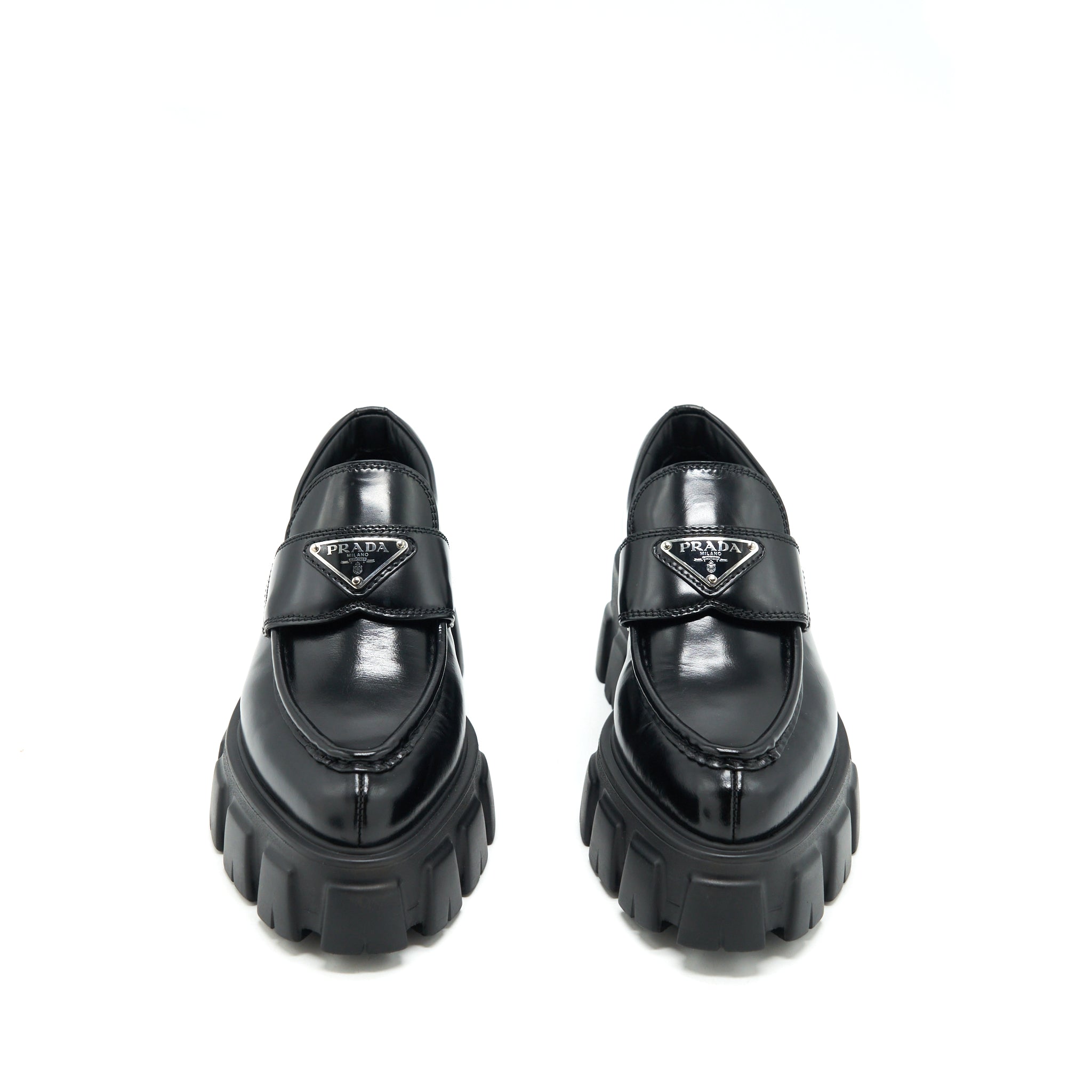 PRADA MONOLITH BRUSHED LEATHER POINTED LOAFERS BLACK