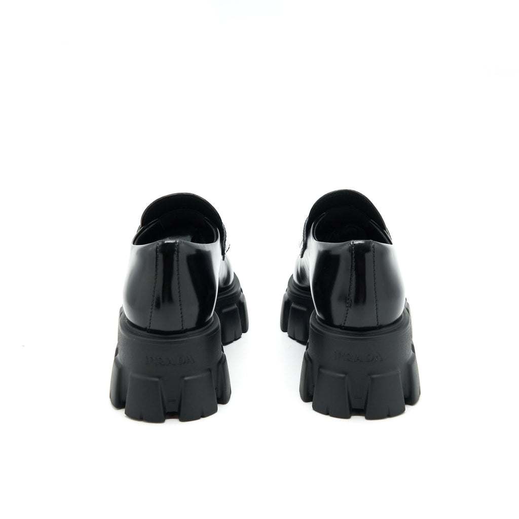 PRADA MONOLITH BRUSHED LEATHER POINTED LOAFERS BLACK