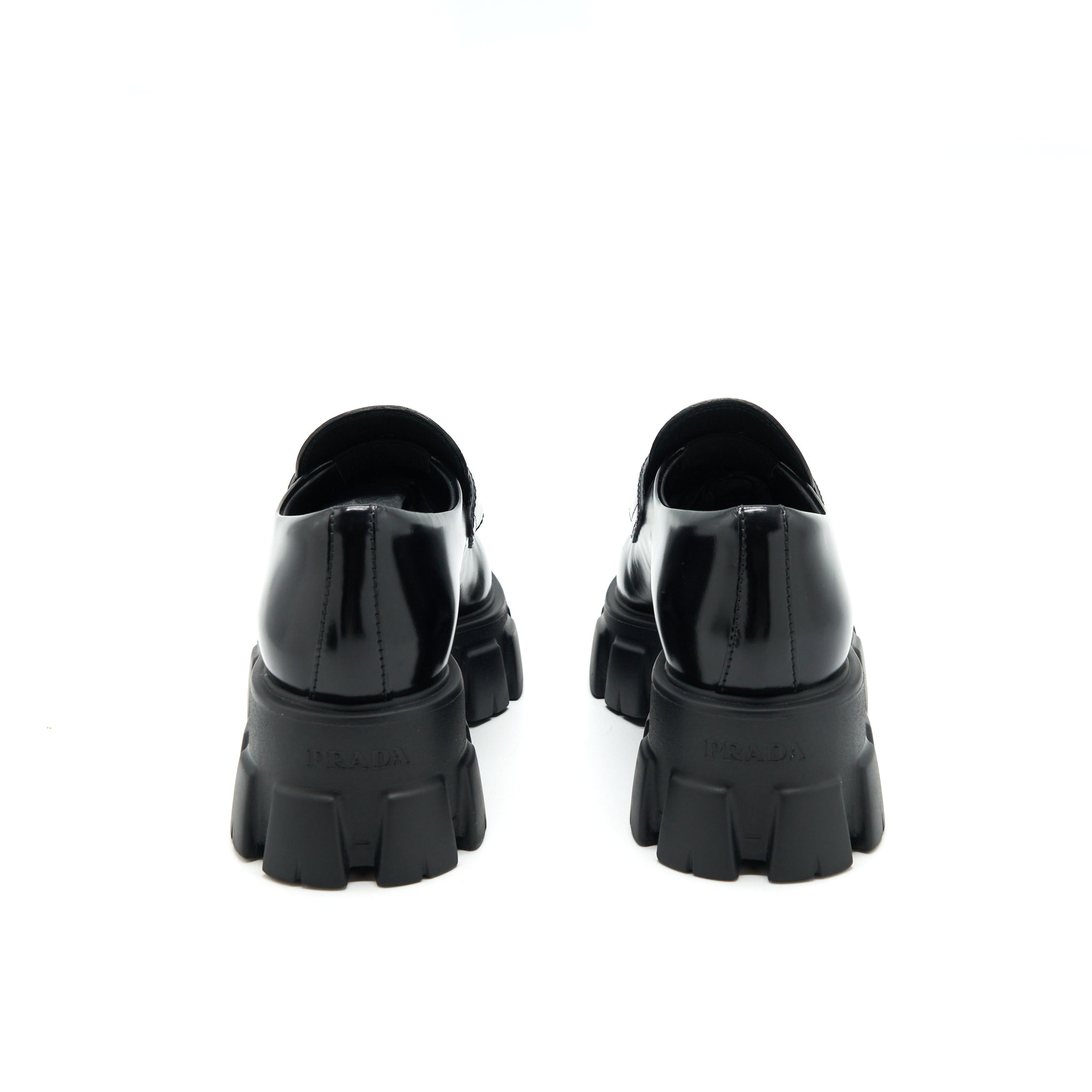 PRADA MONOLITH BRUSHED LEATHER POINTED LOAFERS BLACK