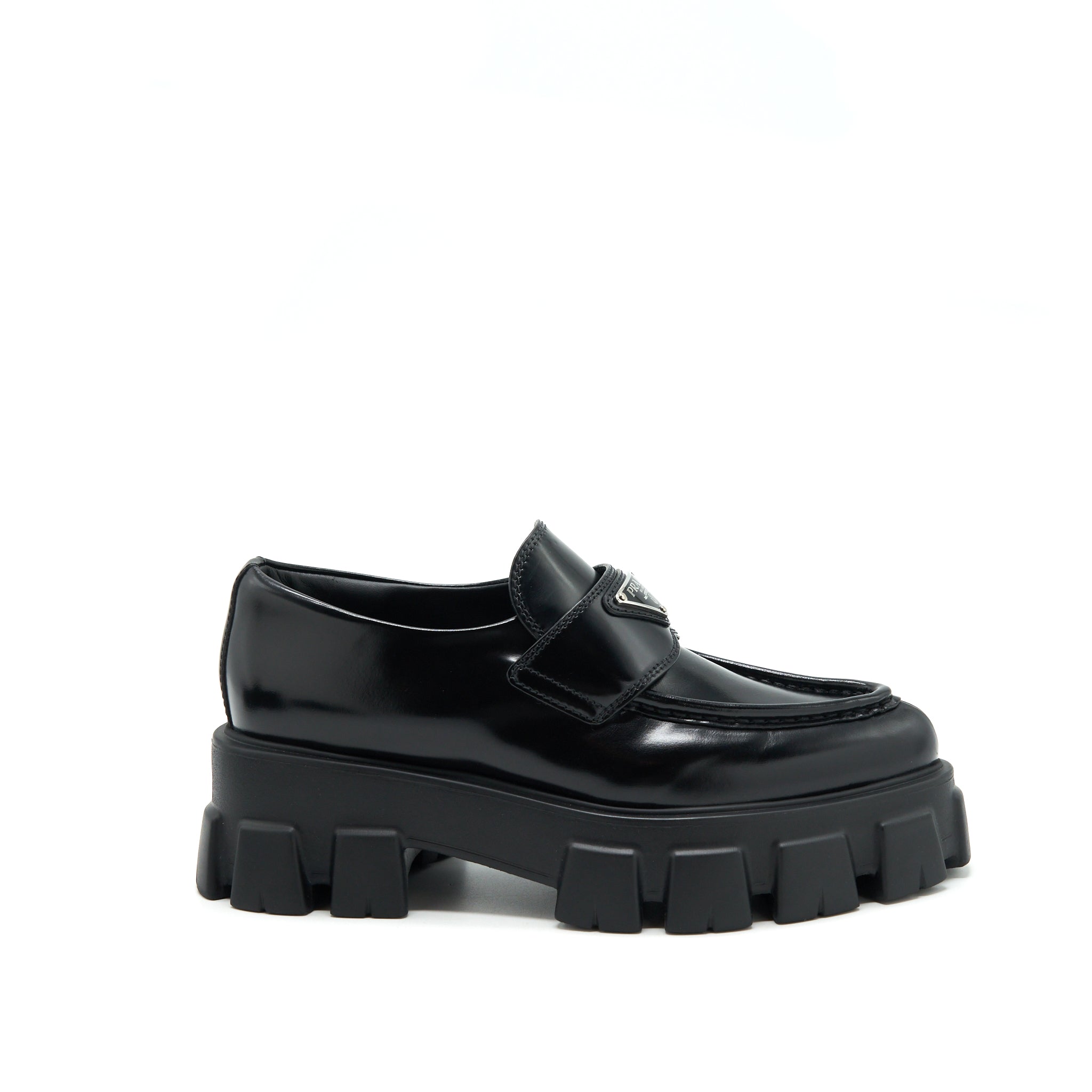 PRADA MONOLITH BRUSHED LEATHER POINTED LOAFERS BLACK