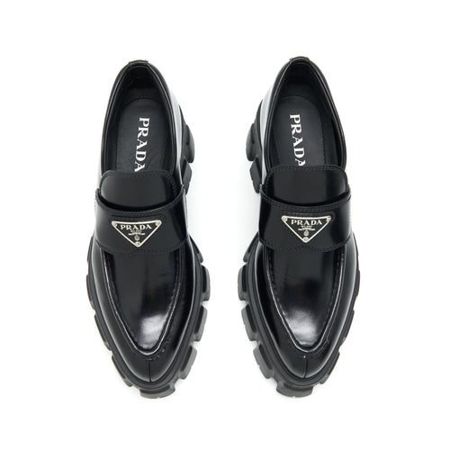 PRADA MONOLITH BRUSHED LEATHER POINTED LOAFERS BLACK