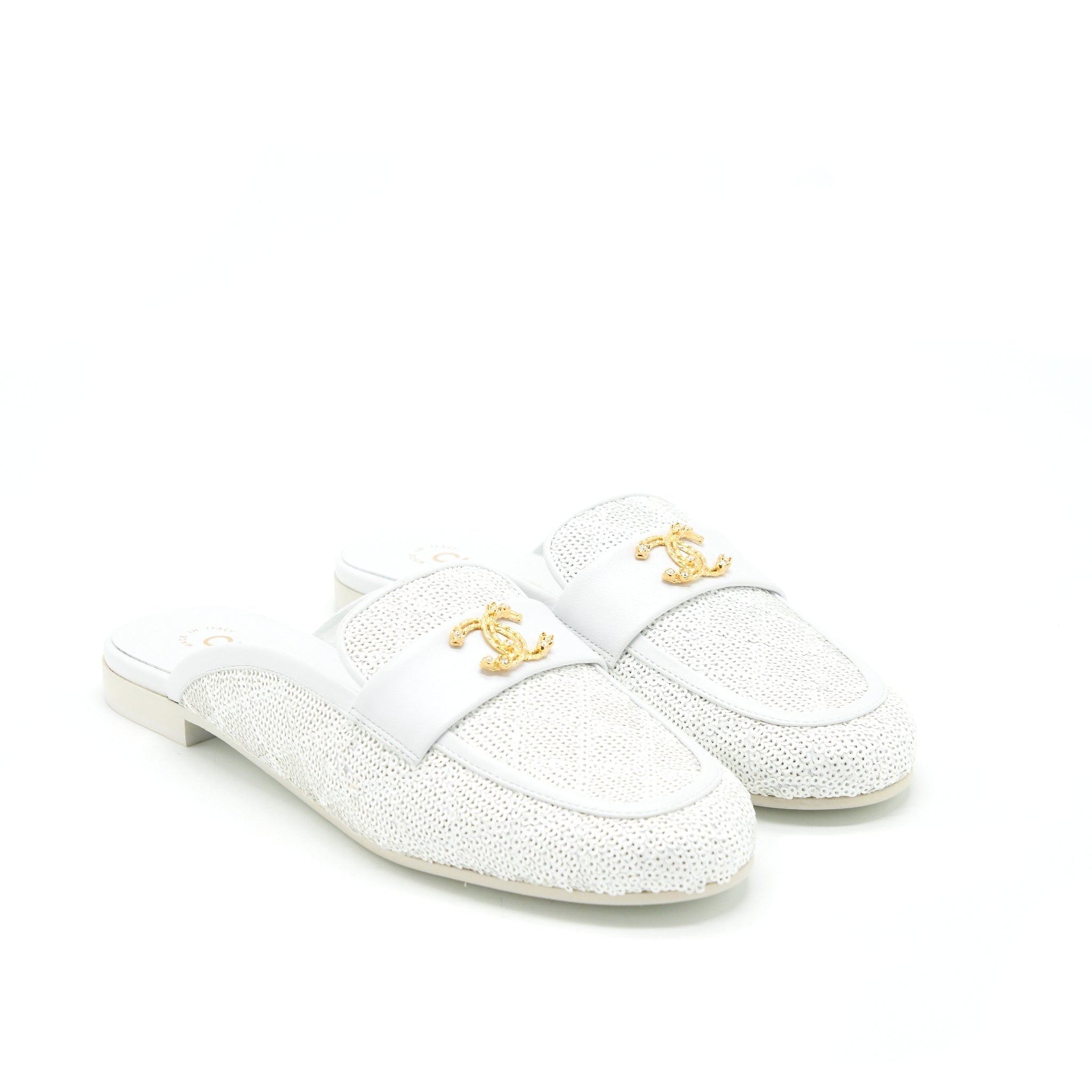 CHANEL CC LOGO SEQUINS LAMBSKIN MULE WHITE GHW