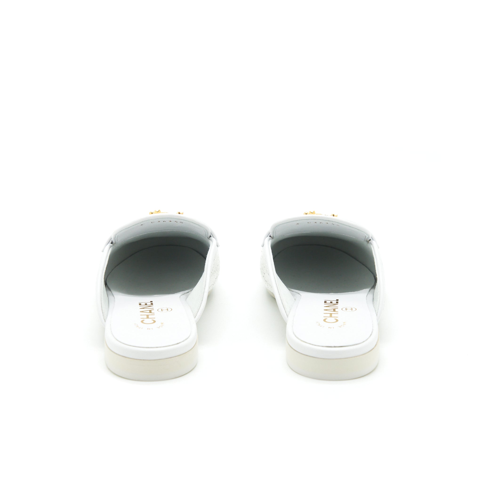 CHANEL CC LOGO SEQUINS LAMBSKIN MULE WHITE GHW