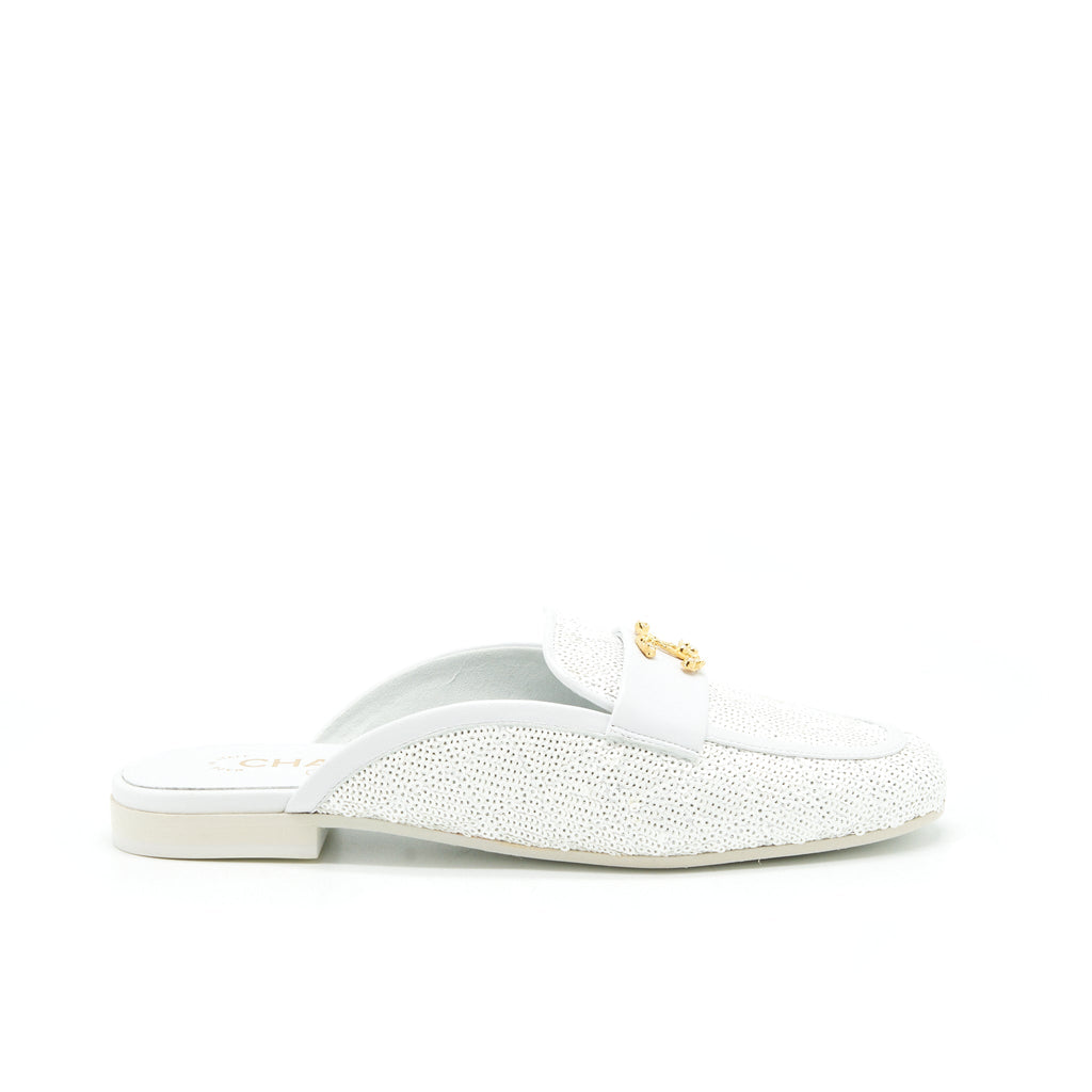 CHANEL CC LOGO SEQUINS LAMBSKIN MULE WHITE GHW