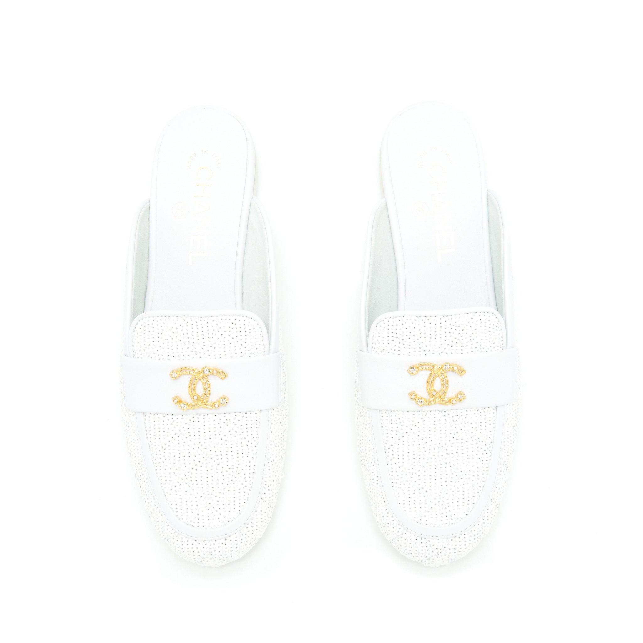 CHANEL CC LOGO SEQUINS LAMBSKIN MULE WHITE GHW