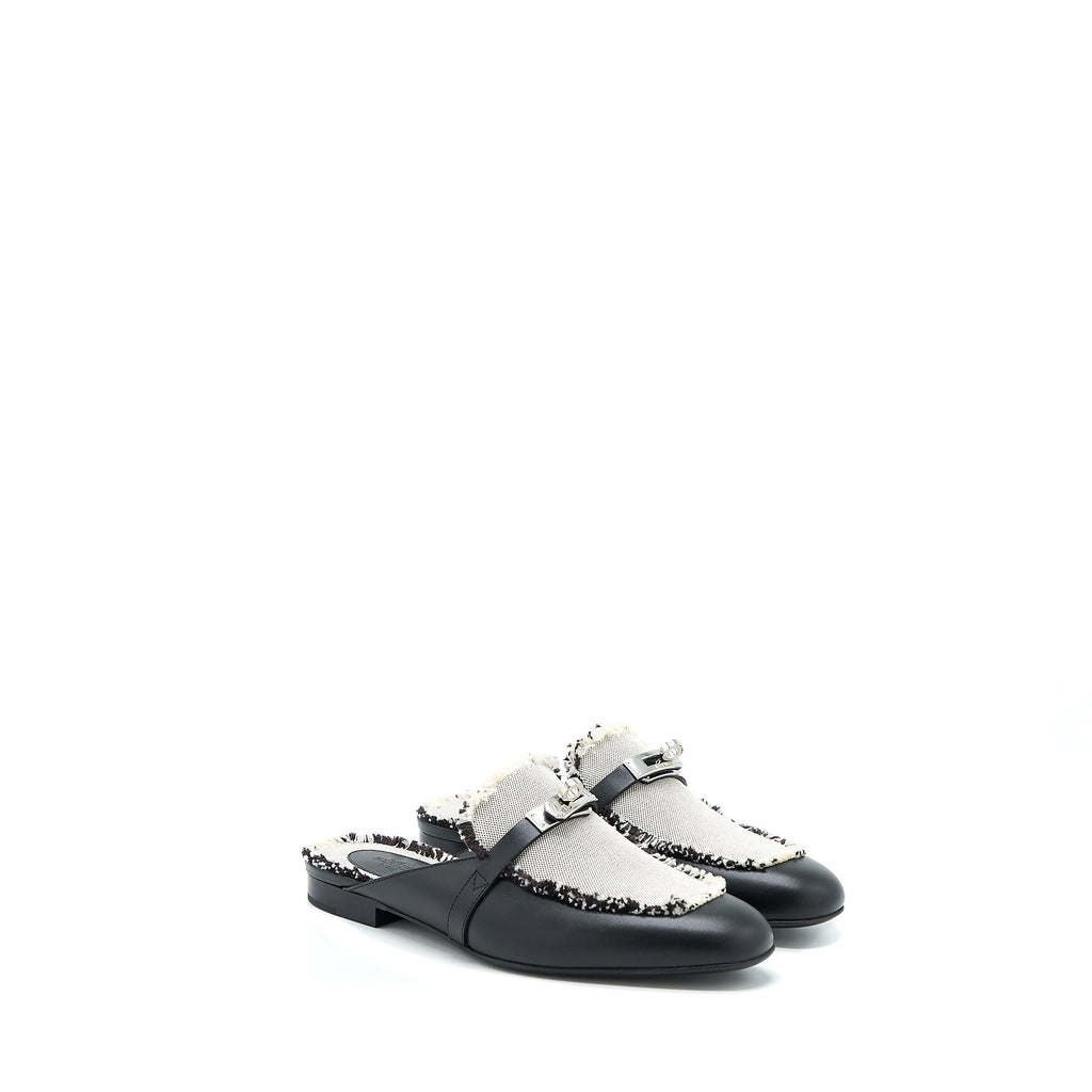 HERMES OZ MULE IN CALFSKIN/FRINGED CANVAS BLACK/BEIGE SHW