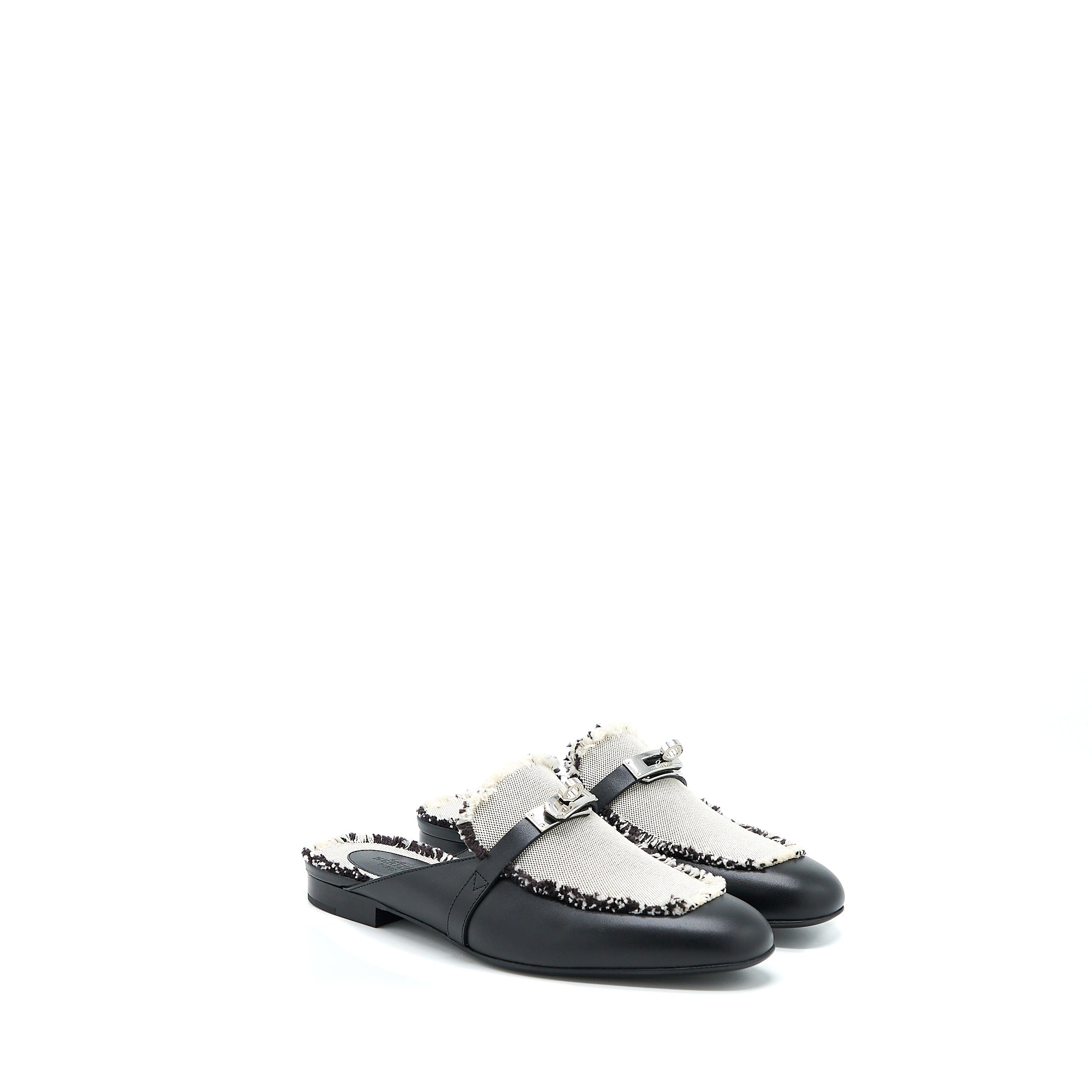 HERMES OZ MULE IN CALFSKIN/FRINGED CANVAS BLACK/BEIGE SHW
